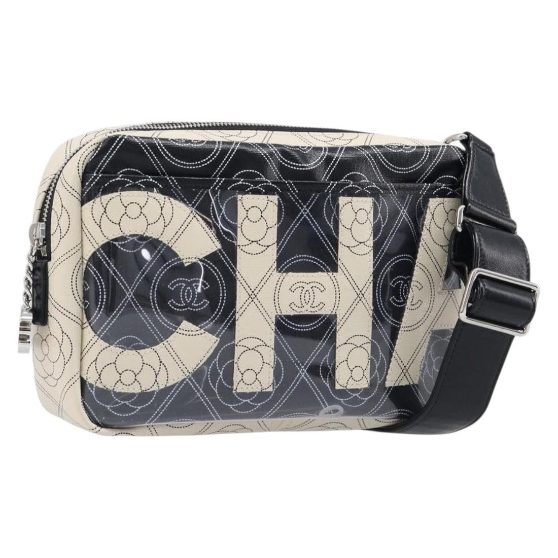 CHANEL Coco Mark Camelia PVC Leather Shoulder Bag Black White: CHANEL Coco Mark Camelia PVC Leather Shoulder Bag Black White Chanel Coco Mark Camelia shoulder bag in black and white PVC leather. This women's shoulder bag includes a dust bag and guarantee card. Co