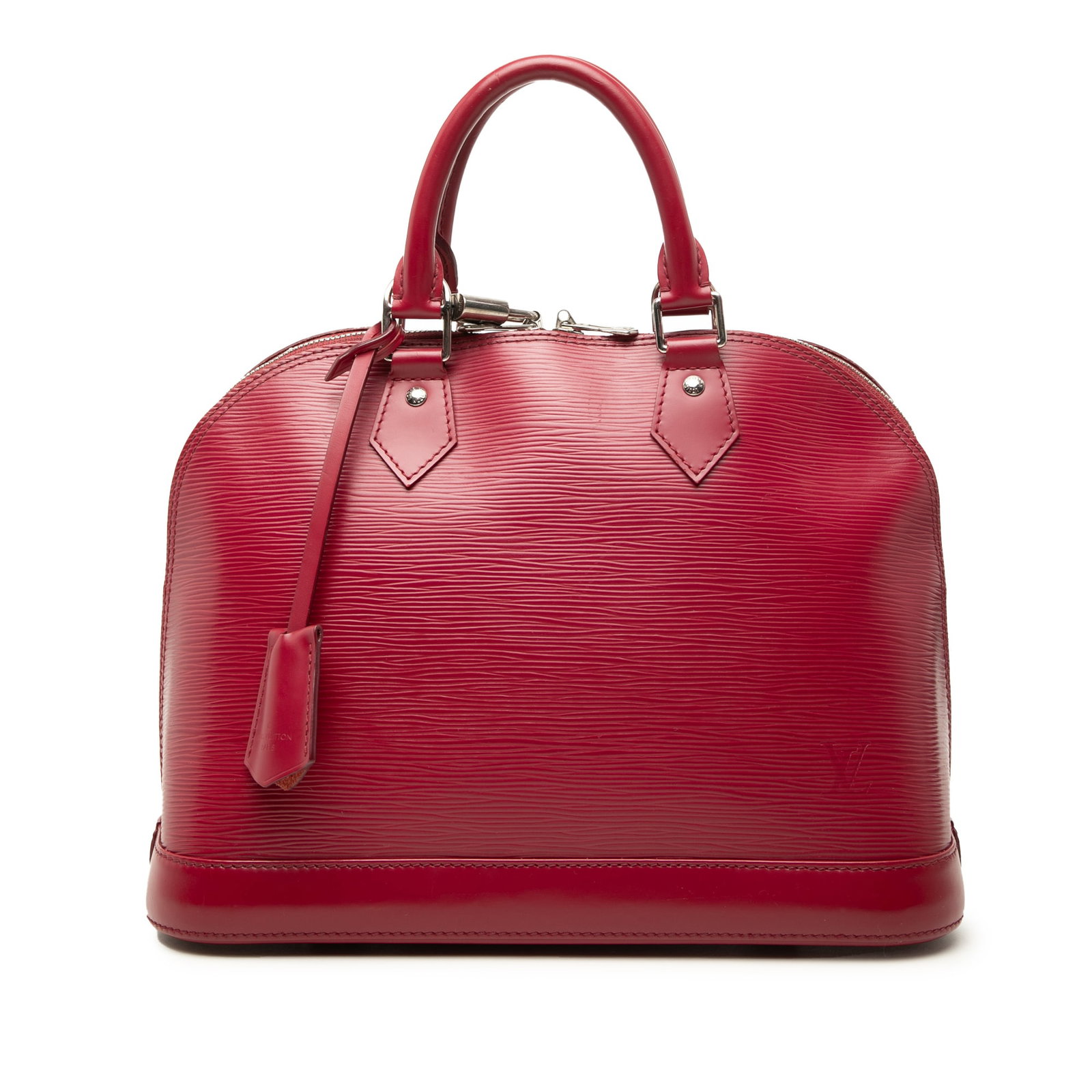 Louis Vuitton Alma PM red Epi leather handbag: Louis Vuitton Alma PM red Epi leather handbag Louis Vuitton Epi Alma PM handbag in red epi leather with rolled handles, a top zip closure, and an interior slip pocket. Made in France. Condition is B+ 