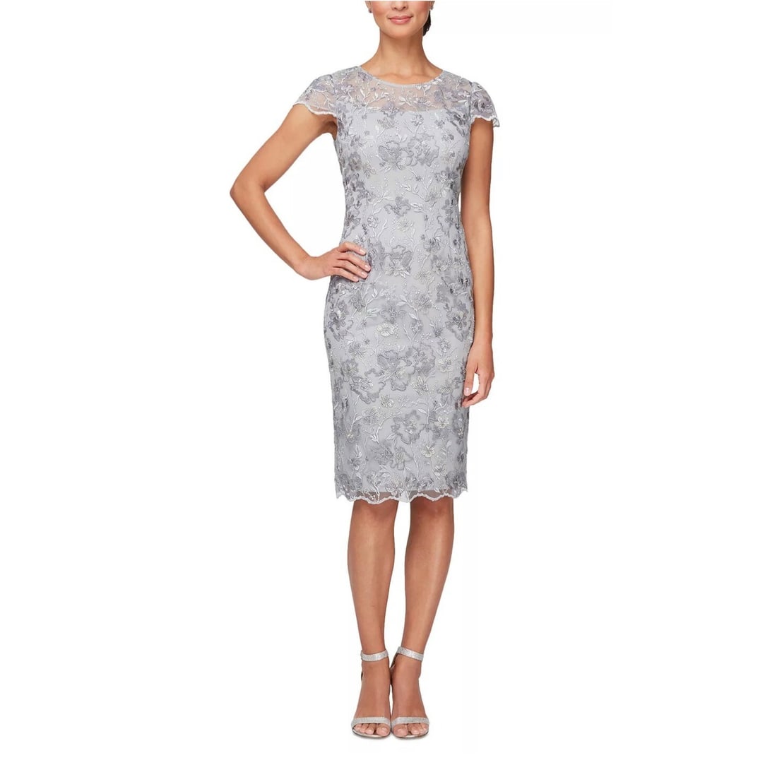 Alex Evenings Petite Floral Embroidered Sheath Dress Dove 6P: Alex Evenings Petite Floral Embroidered Sheath Dress Dove 6P Elevate your wardrobe with this elegant petite embroidered sheath dress in a sophisticated dove color. This chic dress features a round nec