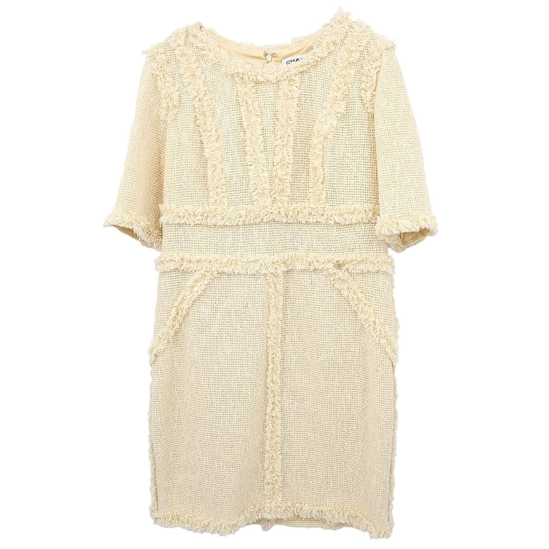 CHANEL P38116V25563 Off White Tweed Sweater Dress Size 42: CHANEL P38116V25563 Off White Tweed Sweater Dress Size 42 Chanel short sleeve tweed dress in off-white with a round neckline and short dress length. Designed in a regular women's size 42, this sweater