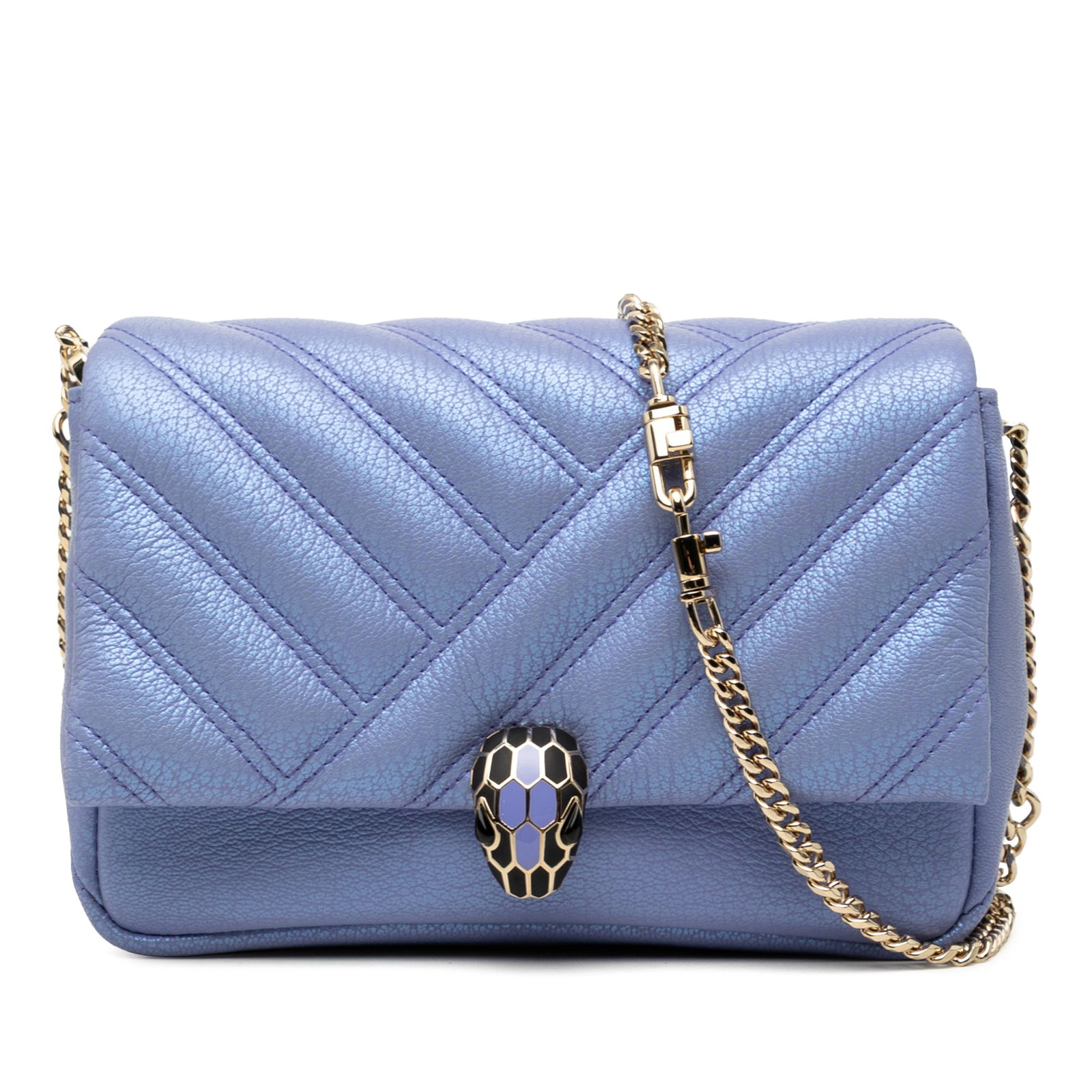 Purple leather crossbody bag Bvlgari Serpenti Cabochon chain strap: Purple leather crossbody bag Bvlgari Serpenti Cabochon chain strap A Bvlgari Serpenti Cabochon chain crossbody bag crafted in purple leather. This crossbody design features a chain link strap and a fl