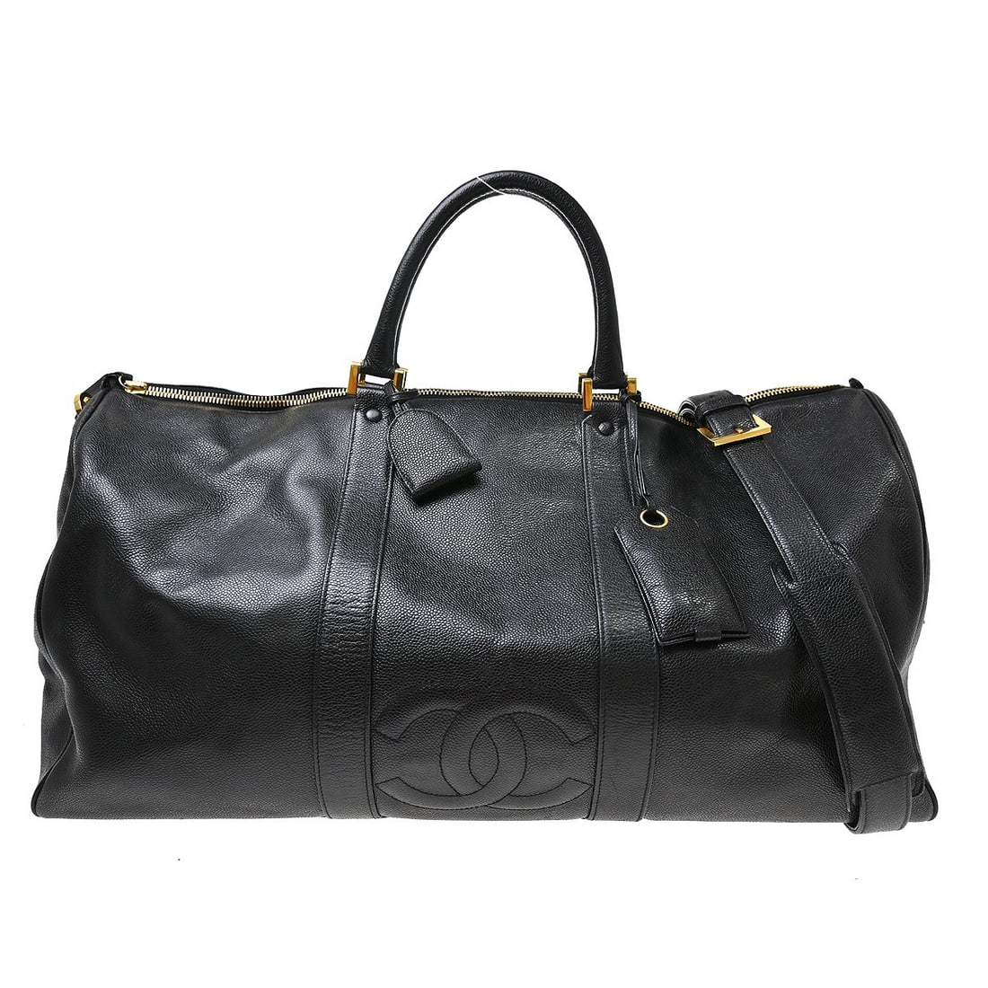 CHANEL Caviar 2way duffle bag black calfskin leather: CHANEL Caviar 2way duffle bag black calfskin leather Vintage Chanel 2way duffle handbag in black caviar skin leather with double handles and a shoulder strap. This extra large bag features a zip closu