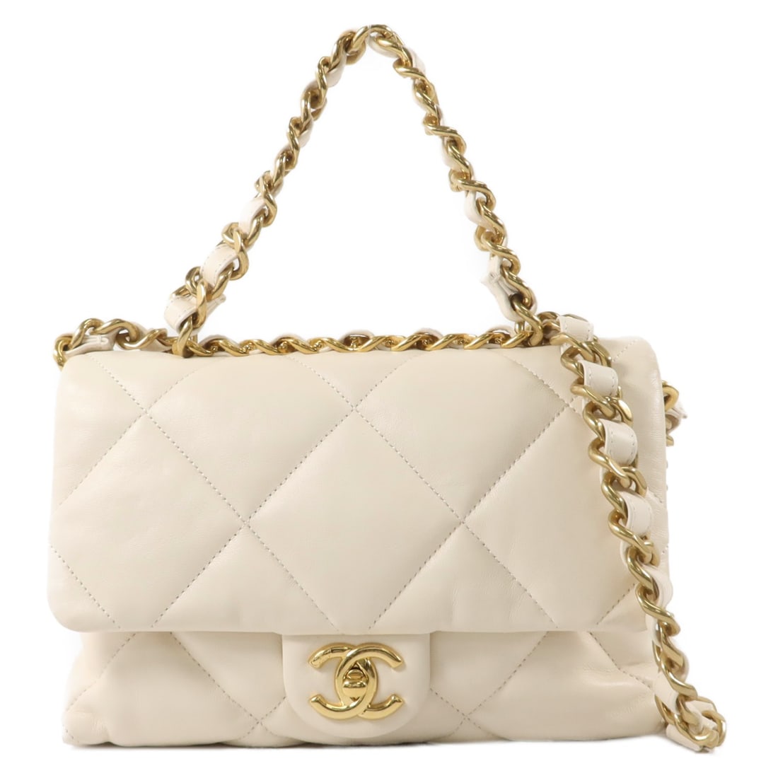 CHANEL Chanel 19 AS1160 2 Way Shoulder Bag Lambskin Beige: CHANEL Chanel 19 AS1160 2 Way Shoulder Bag Lambskin Beige Chanel 19 2-way shoulder bag in lambskin leather with CC turn-lock closure. This women's bag features an off white to beige colorway, an inter