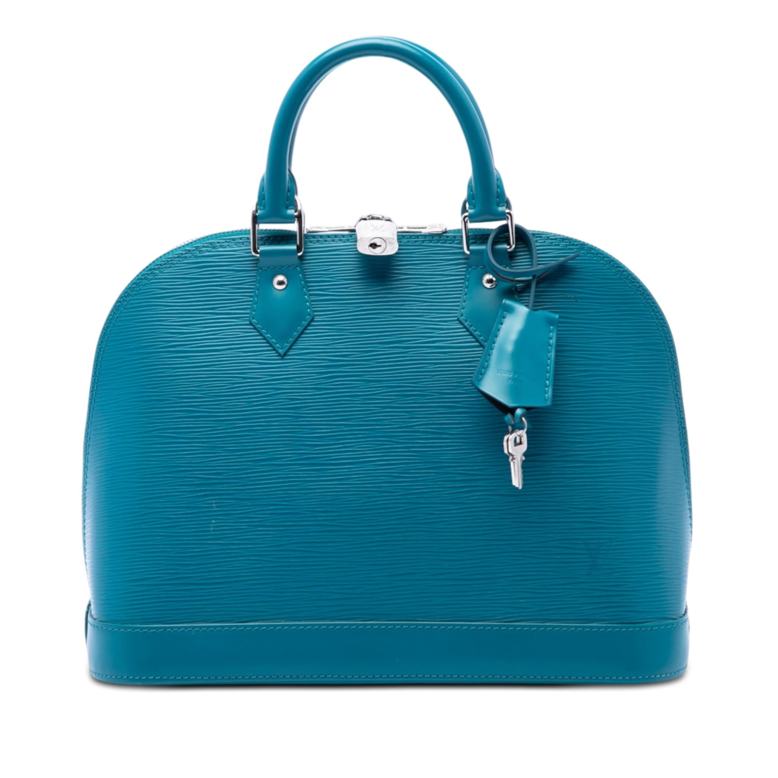 Louis Vuitton Alma PM blue Epi leather handbag: Louis Vuitton Alma PM blue Epi leather handbag Louis Vuitton Epi Alma PM handbag crafted in blue epi leather with rolled leather handles, a top zip closure, and an interior slip pocket. Made in France