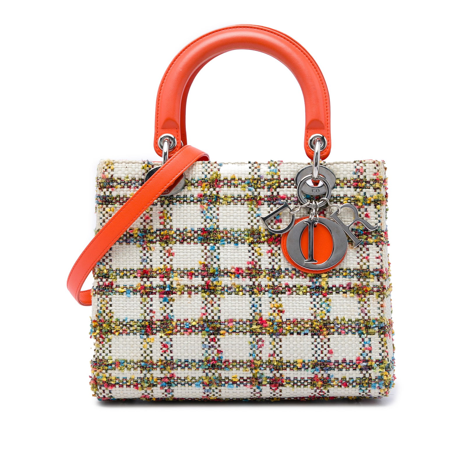 Dior Lady Dior Medium Tweed Handbag White Italy: Dior Lady Dior Medium Tweed Handbag White Italy A Medium Lady Dior bag crafted in white tweed with flat leather handles and a detachable flat leather shoulder strap. The design includes a top zip clos
