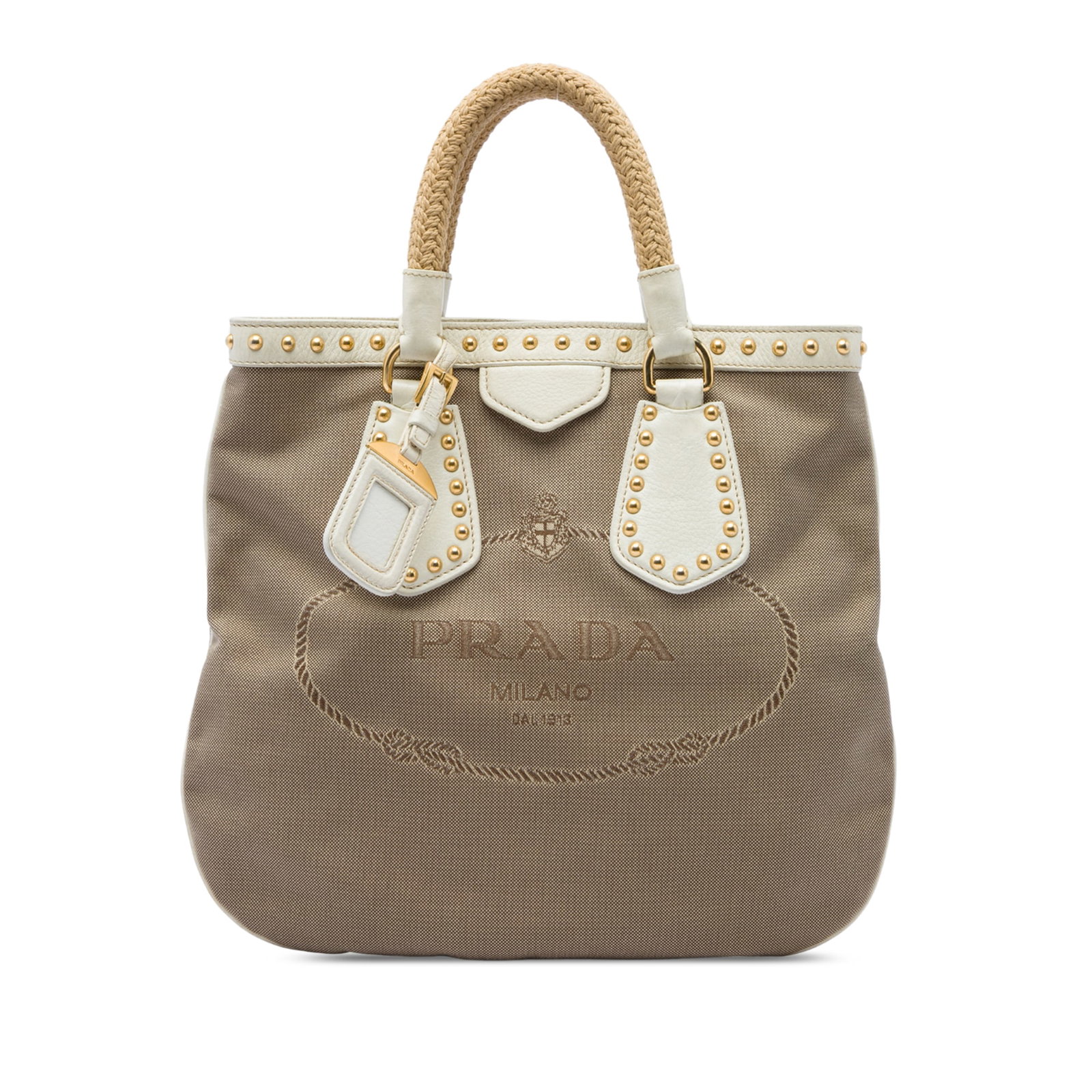 Prada Canapa Logo Studded Canvas Satchel with Rope Handles: Prada Canapa Logo Studded Canvas Satchel with Rope Handles This Prada Canapa Logo satchel is crafted with a canvas body and studded leather trim, finished with rolled rope handles and an open top with