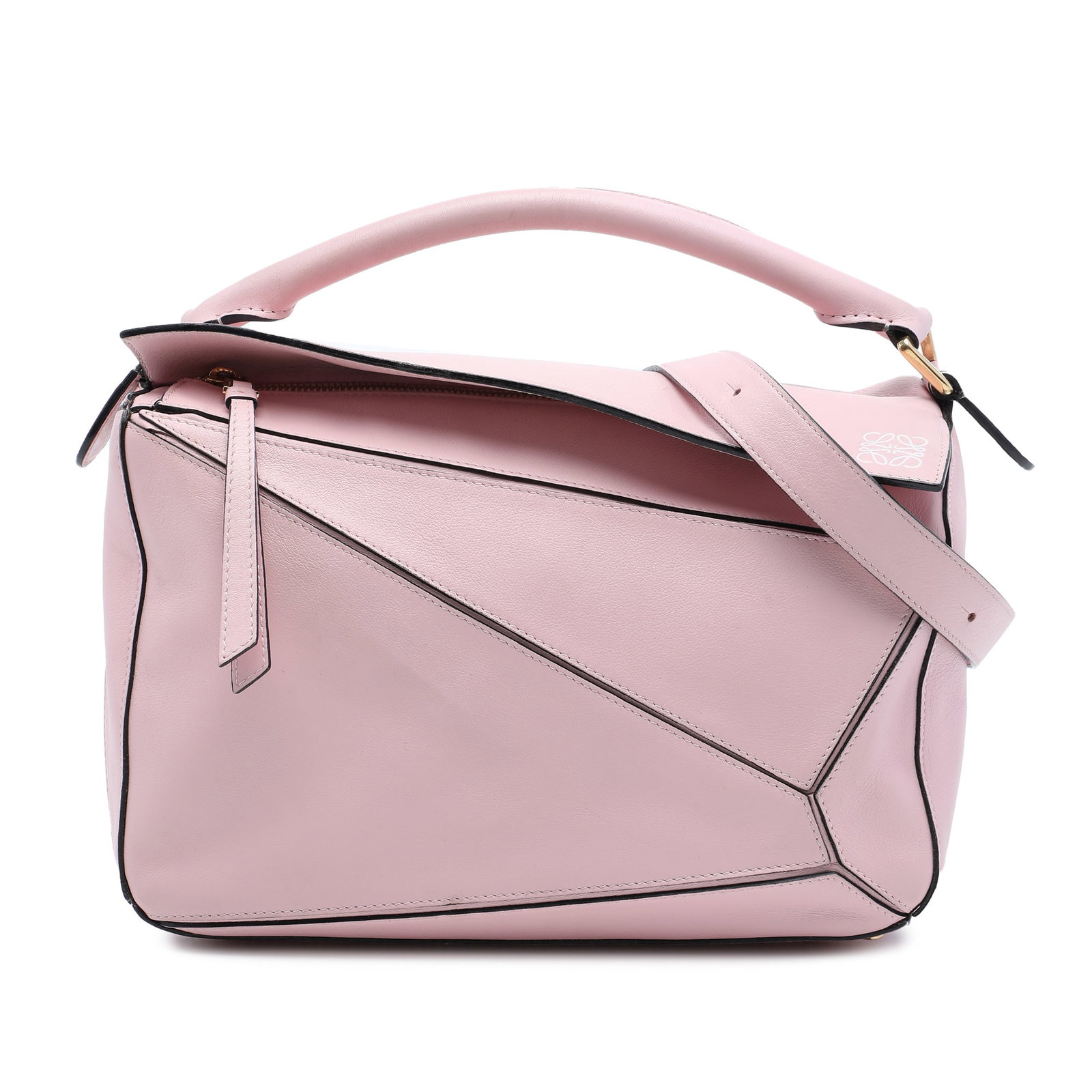 LOEWE Puzzle Medium Calfskin Satchel Pink Leather: LOEWE Puzzle Medium Calfskin Satchel Pink Leather A structured and distinctive satchel in pink calfskin leather, this medium Puzzle bag features a rolled top handle, a detachable flat leather strap, a