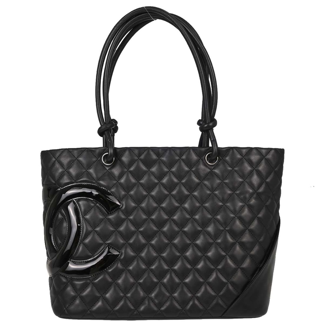 CHANEL Cambon Ligne black calfskin tote handbag: CHANEL Cambon Ligne black calfskin tote handbag Chanel Cambon Ligne tote handbag in black calfskin leather with quilted logo accents and double handles. This medium tote features a pink canvas lining,