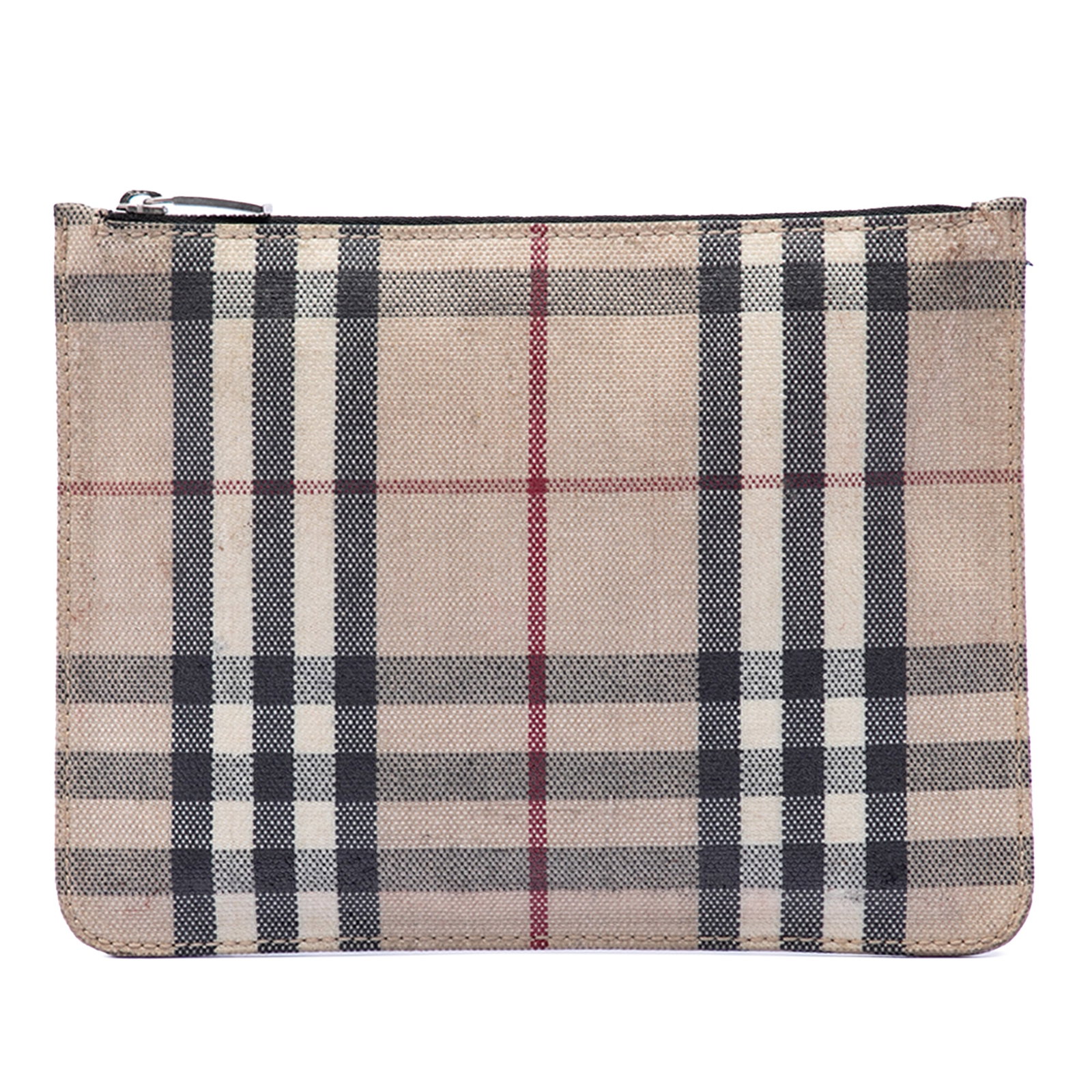 Burberry House Check zip pouch in beige canvas: Burberry House Check zip pouch in beige canvas Burberry House Check canvas pouch with a beige fabric exterior and top zip closure. Made in Italy, this compact accessory offers a classic check design a