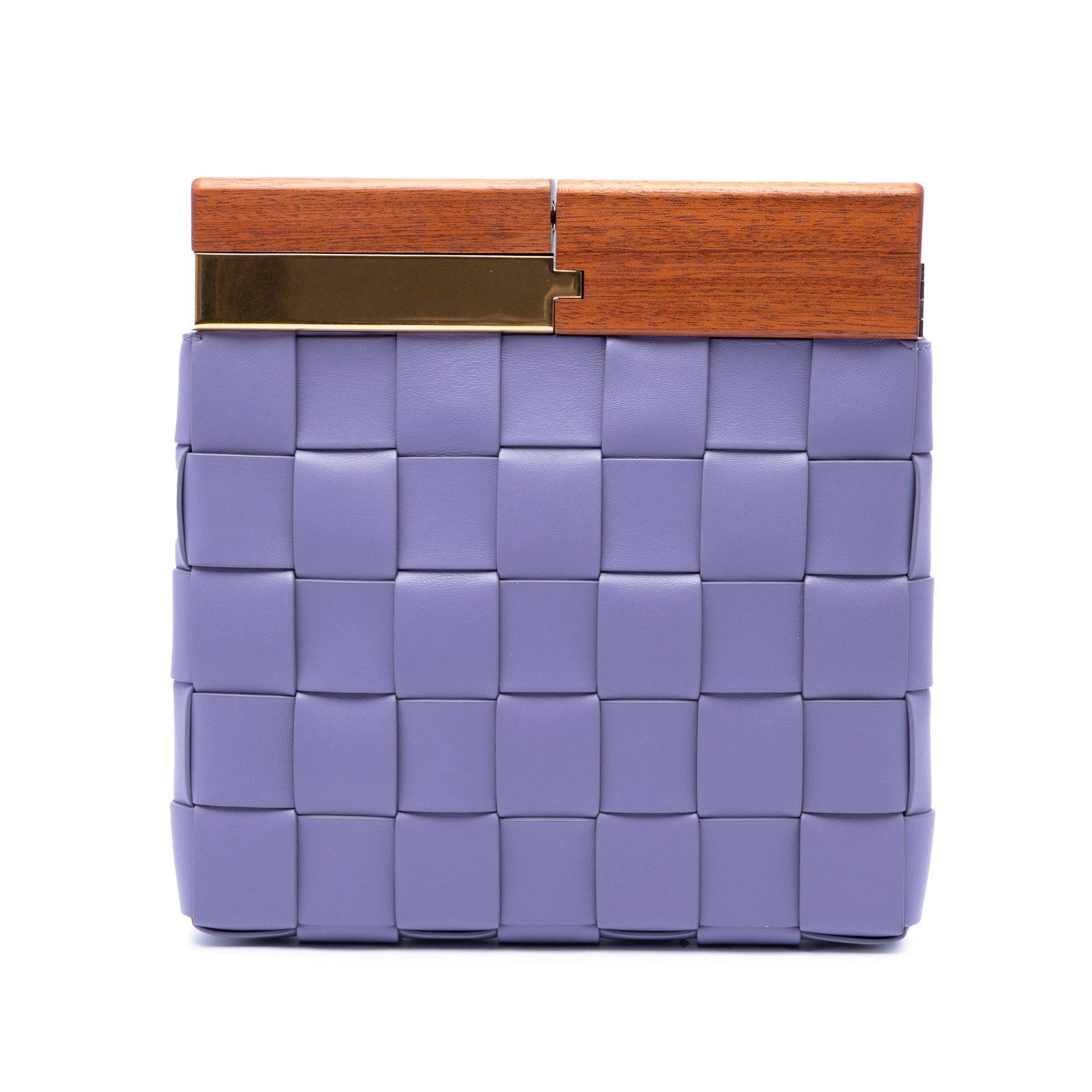 Bottega Veneta The Snap Clutch Purple Woven Lambskin: Bottega Veneta The Snap Clutch Purple Woven Lambskin A Bottega Veneta The Snap clutch crafted in purple lambskin with the Maxi Intrecciato woven design. The clutch features a gold-tone and wood accent