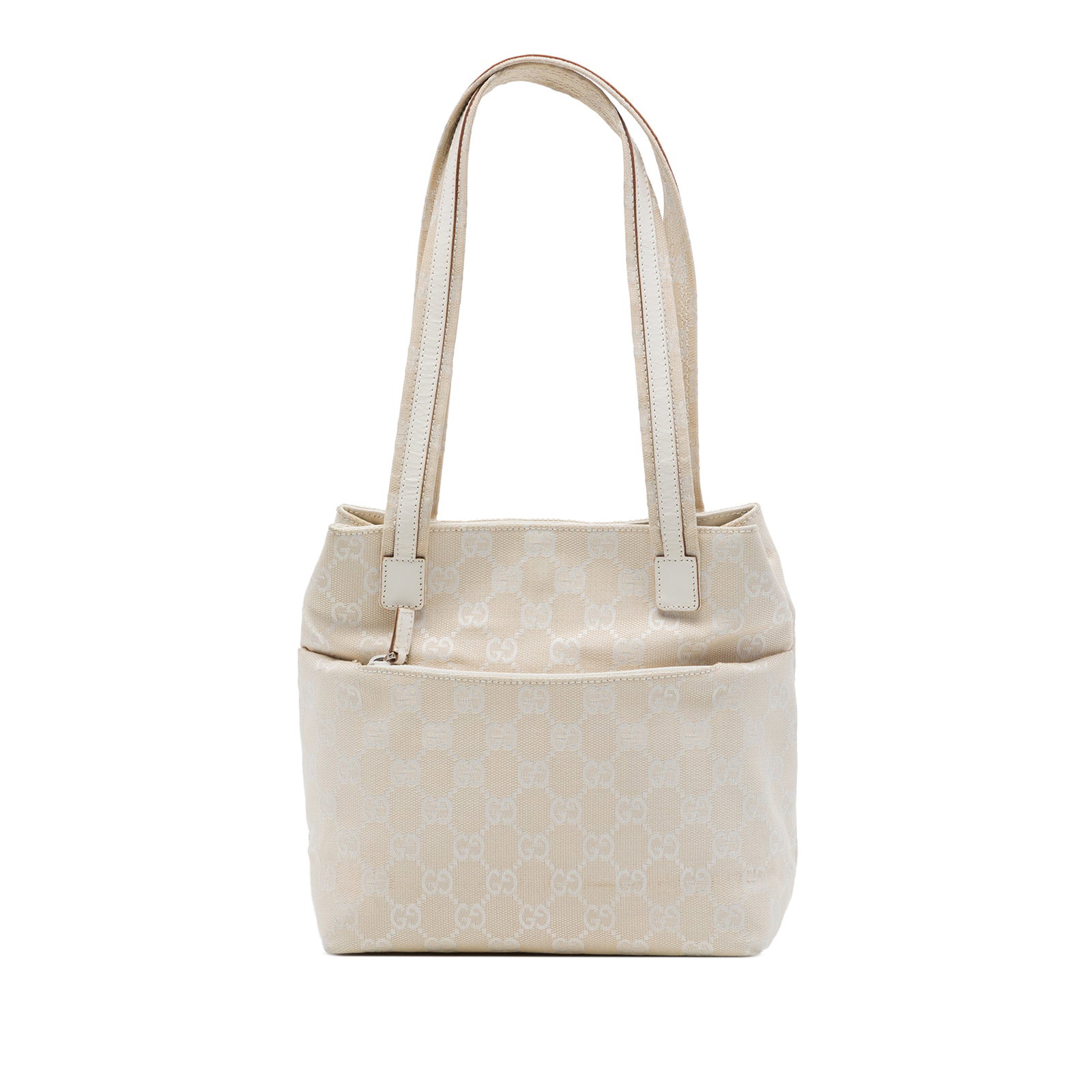 Gucci GG Canvas Brown Shoulder Handbag: Gucci GG Canvas Brown Shoulder Handbag Gucci GG Canvas Shoulder Bag in brown fabric with flat handles, an open top with magnetic snap closure, one exterior zip pocket, and one interior zip pocket. Mad