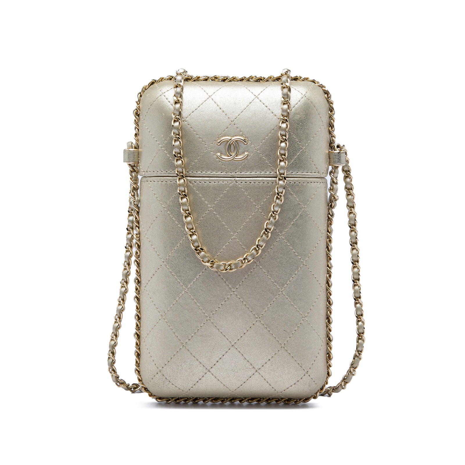 Chanel CC Quilted Metallic Lambskin Phone Holder with Chain Strap: Chanel CC Quilted Metallic Lambskin Phone Holder with Chain Strap Chanel CC Quilted Metallic Lambskin Chain Around Phone Holder in gold metallic lambskin. This compact bag features a quilted leather b