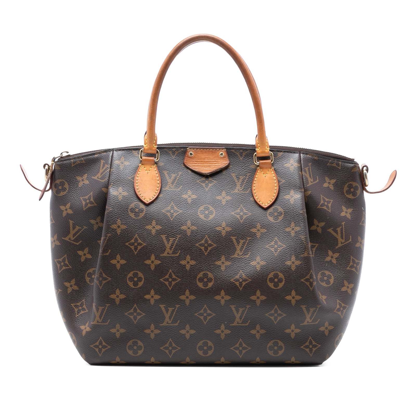 Louis Vuitton Turenne MM Brown Monogram Canvas Tote with Leather Trim: Louis Vuitton Turenne MM Brown Monogram Canvas Tote with Leather Trim The Louis Vuitton Monogram Turenne MM features a monogram canvas body with vachetta leather trim, rolled leather handles, a top zi