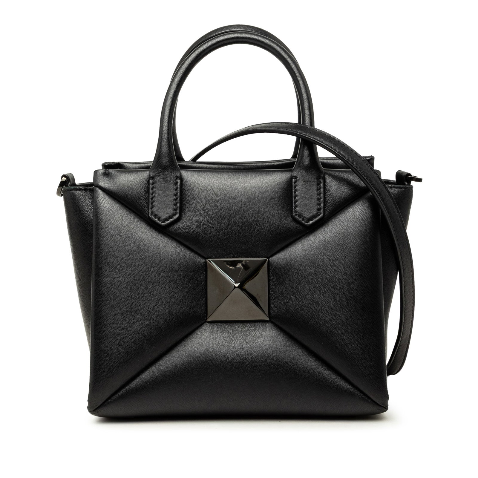 Valentino One Stud Small Nappa Leather Top Handle Satchel: Valentino One Stud Small Nappa Leather Top Handle Satchel Valentino Small Nappa One Stud Top Handle Bag in black leather with rolled top handles, a detachable flat leather strap, top zip closure, and 