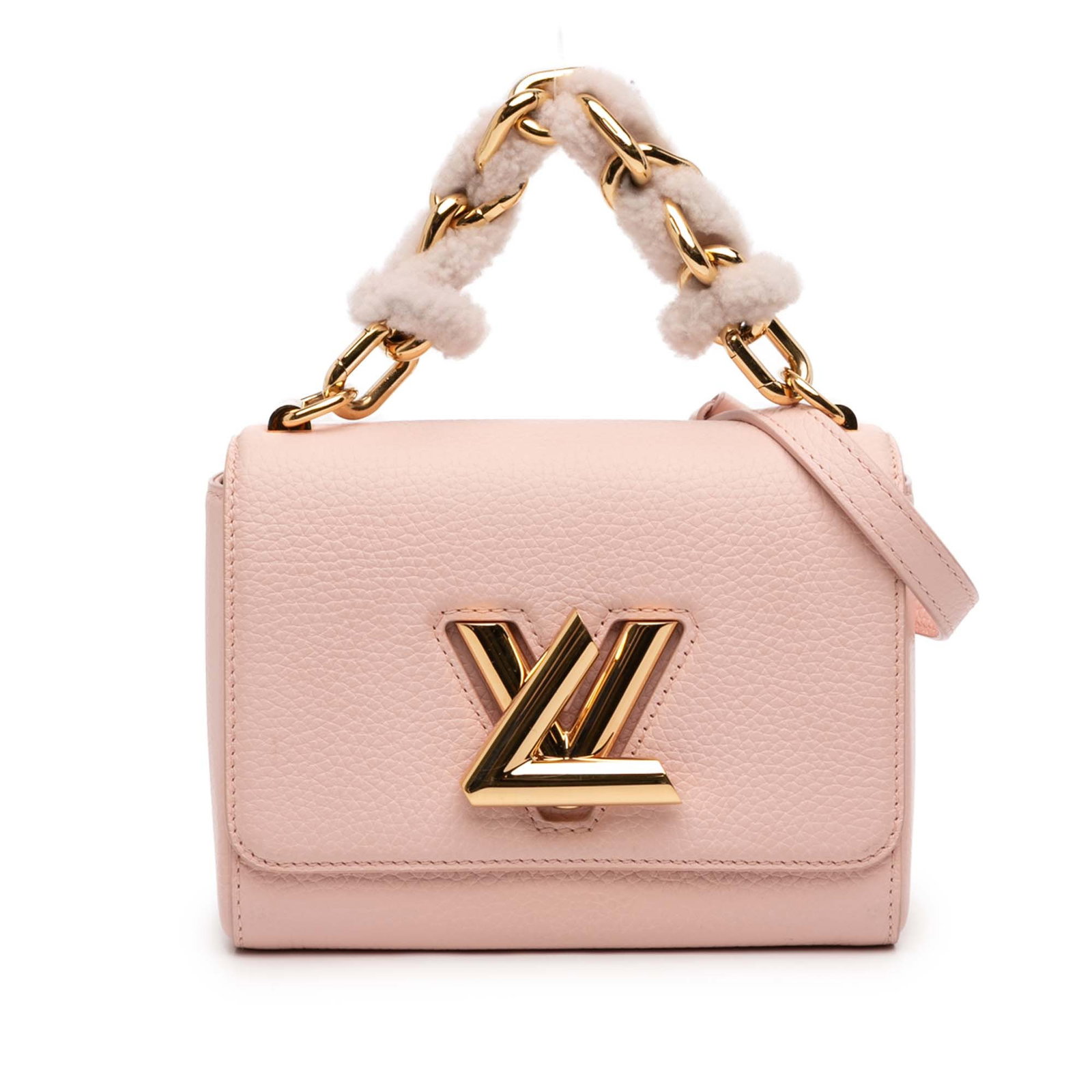Louis Vuitton Twist PM Pink Leather Shoulder Bag with Shearling Handle: Louis Vuitton Twist PM Pink Leather Shoulder Bag with Shearling Handle Louis Vuitton Twist PM shoulder bag crafted in pink leather with a curb chain top handle featuring shearling detail and braided h