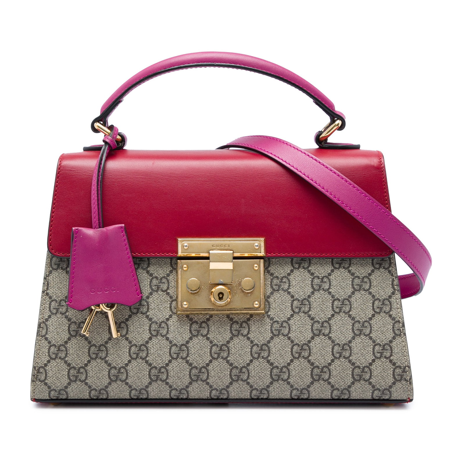 Gucci Padlock Small GG Supreme Satchel Beige Leather Trim: Gucci Padlock Small GG Supreme Satchel Beige Leather Trim A Gucci Small GG Supreme Padlock Satchel with a coated canvas body and leather trim. This satchel features a flat top leather handle, a detach