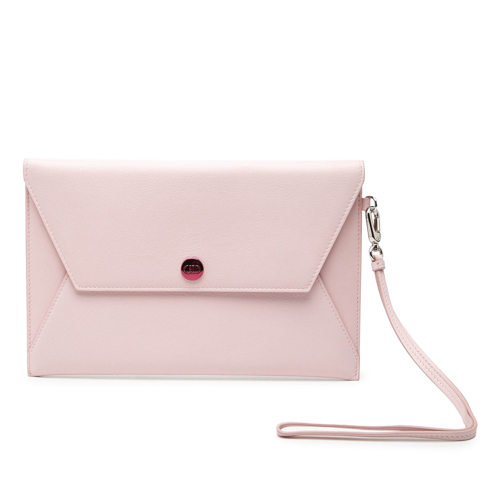 Dior Envelope Clutch Pink Calfskin Leather Wristlet: Dior Envelope Clutch Pink Calfskin Leather Wristlet Dior envelope clutch in pink calfskin leather with a detachable flat leather wrist strap and a front flap with snap button closure. Made in Italy. C