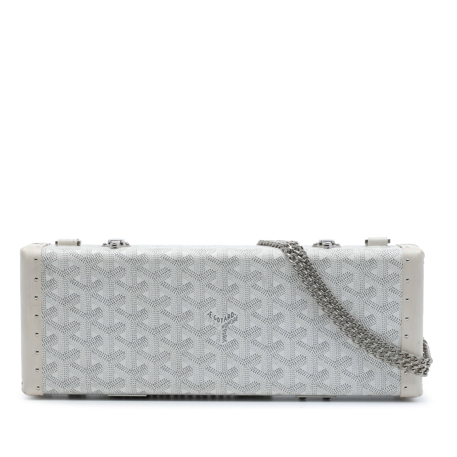 Goyard Saint Honore Trunk Crossbody Bag White Coated Canvas: Goyard Saint Honore Trunk Crossbody Bag White Coated Canvas Structured with a coated canvas body and leather trim, this Goyardine Saint Honore Trunk Bag features a curb chain link strap, latch closure