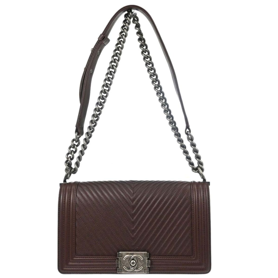 CHANEL Boy Medium Shoulder Bag Brown Lambskin Chain Strap: CHANEL Boy Medium Shoulder Bag Brown Lambskin Chain Strap Vintage Chanel Boy Medium shoulder bag in brown lambskin with a chevron-quilted exterior and push-lock closure. This women's bag features a fa