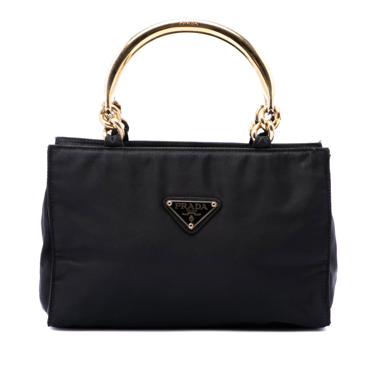 Prada Tessuto black nylon handbag with metal top handles: Prada Tessuto black nylon handbag with metal top handles Prada Tessuto Metal Handle Bag in black with a nylon body, top metal handles, a top zip closure, and an interior zip pocket. Made in Italy. Con