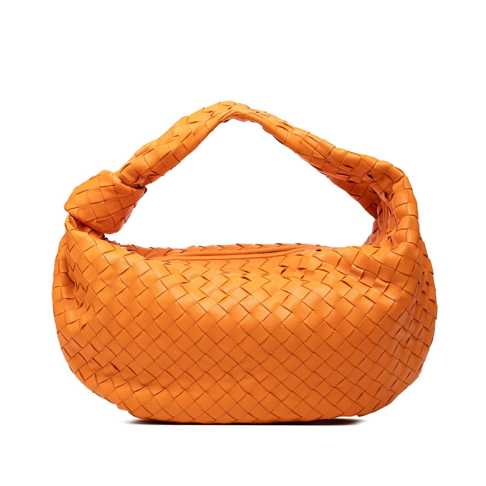 Bottega Veneta Small Jodie orange intrecciato leather hobo bag: Bottega Veneta Small Jodie orange intrecciato leather hobo bag Bottega Veneta Small Nappa Intrecciato Jodie hobo bag in orange woven leather. This bag features a top handle with knot detail, a top zip