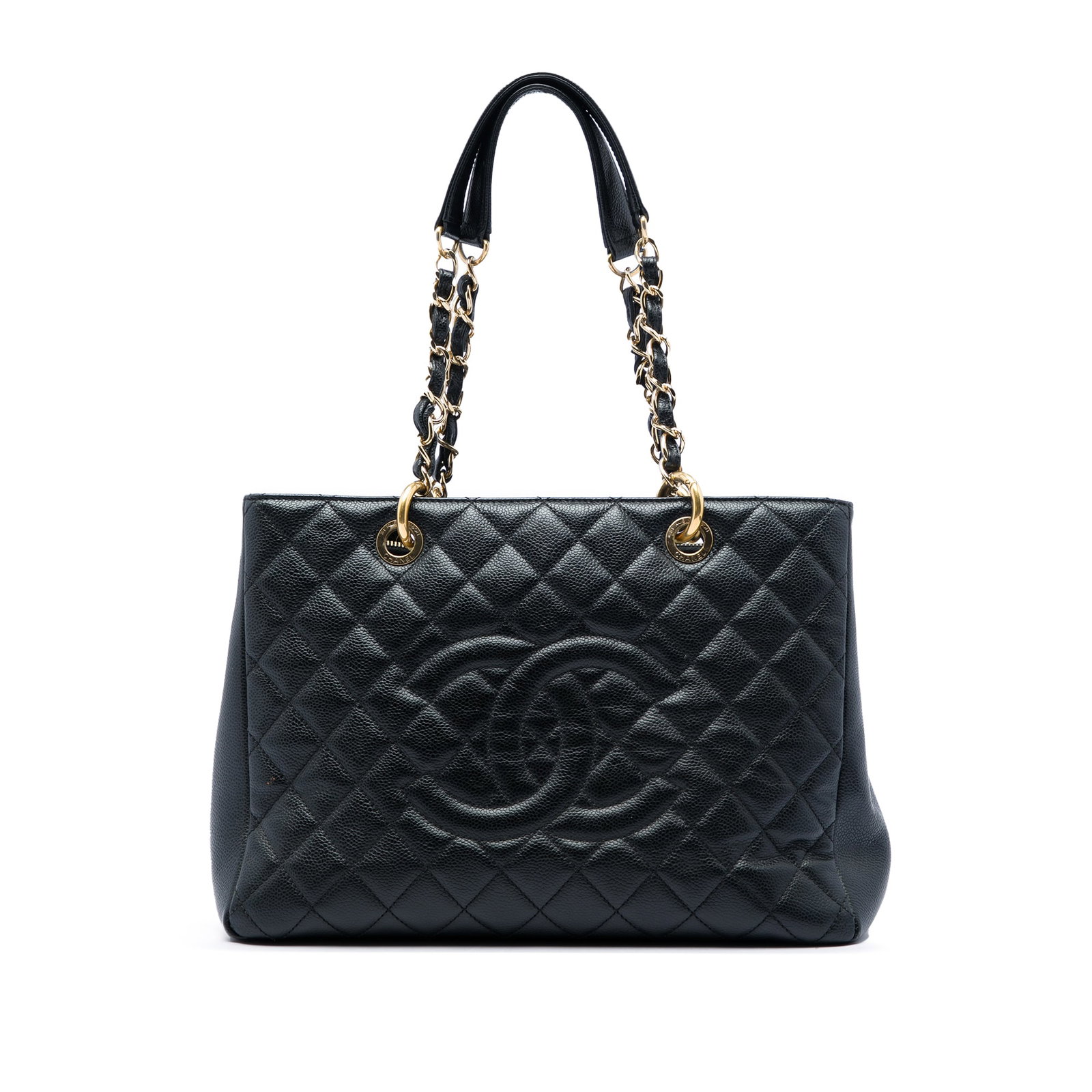 Chanel Grand Shopping Tote in Black Caviar Leather: Chanel Grand Shopping Tote in Black Caviar Leather A Chanel Grand Shopping Tote crafted in quilted black Caviar leather. This tote features leather-woven chain shoulder straps with leather guards, an 
