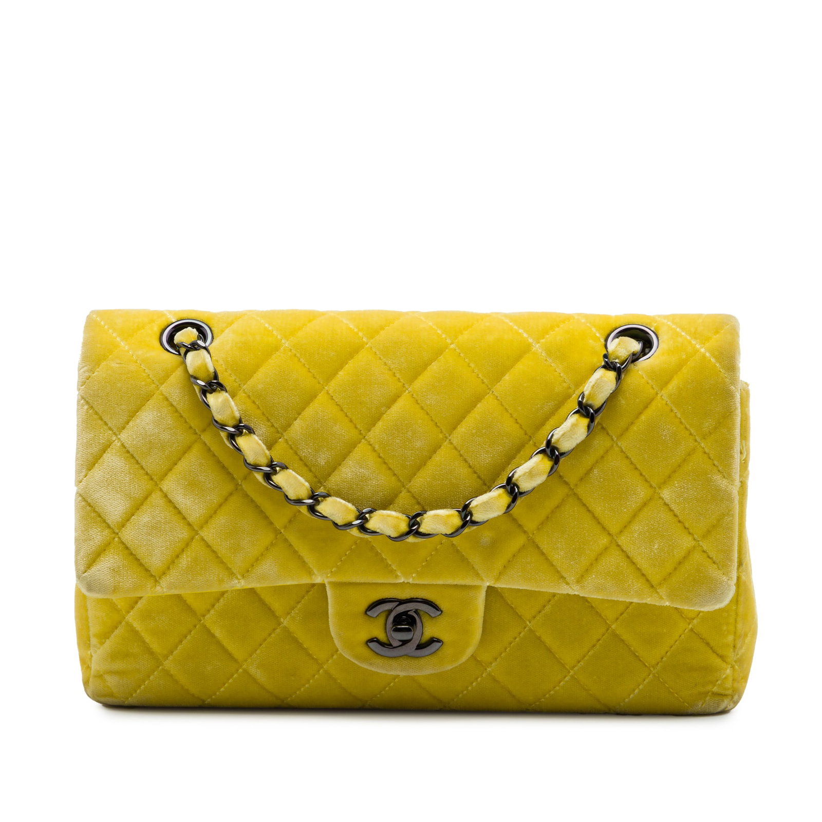 Chanel Medium Classic Double Flap Yellow Velvet Shoulder Bag: Chanel Medium Classic Double Flap Yellow Velvet Shoulder Bag Medium Classic Velvet Double Flap shoulder bag with a quilted velvet body, leather-woven chain straps, double front flaps with interlocking