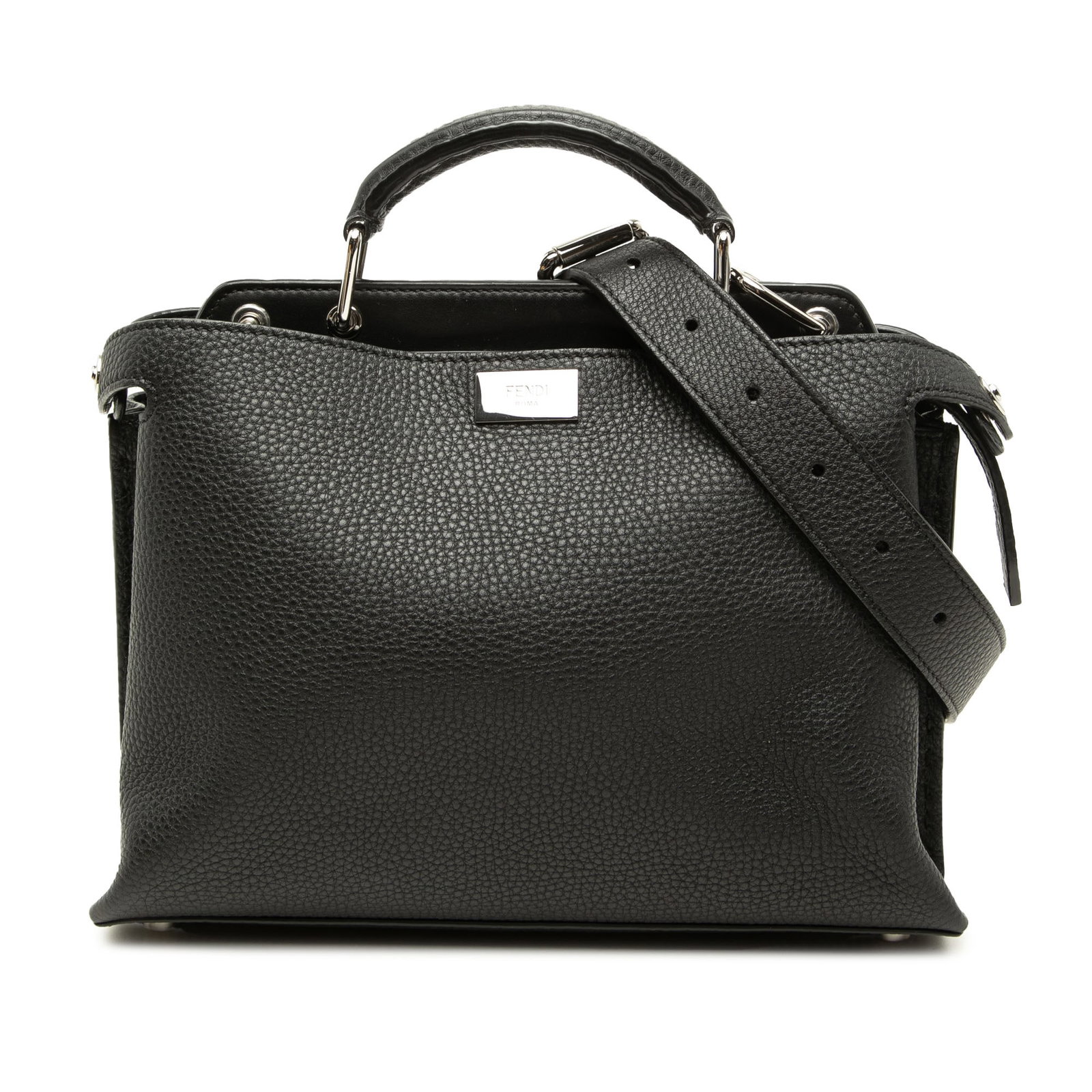 Fendi Peekaboo Iconic Essential Mini Leather Satchel Black: Fendi Peekaboo Iconic Essential Mini Leather Satchel Black A Fendi Mini Peekaboo Iconic Essential satchel crafted in black leather. This satchel features a flat leather top handle, a detachable and ad
