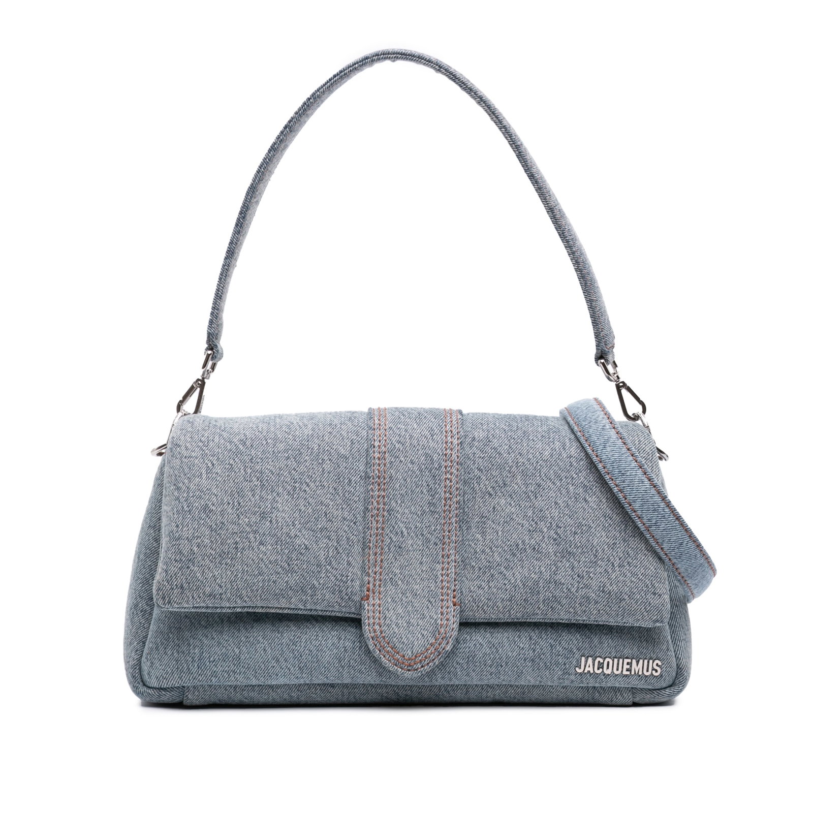 Jacquemus Le Bambimou Blue Denim Satchel Bag: Jacquemus Le Bambimou Blue Denim Satchel Bag A Jacquemus Le Bambimou satchel in blue denim with a structured, compact silhouette. It features a detachable flat handle, a detachable flat strap, a front