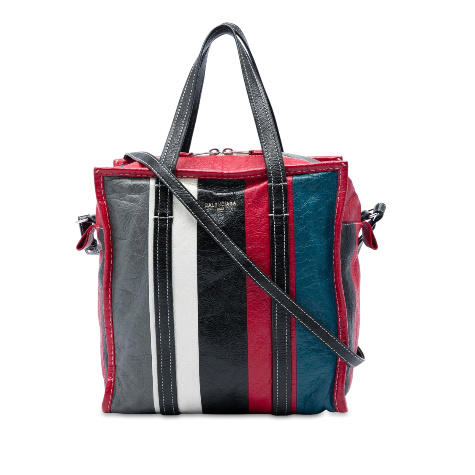 Balenciaga Bazar Shopper S Red Lambskin Leather Satchel: Balenciaga Bazar Shopper S Red Lambskin Leather Satchel A Balenciaga Lambskin Bazar Shopper Satchel S in red leather with flat leather handles, an adjustable and detachable shoulder strap, and a top z