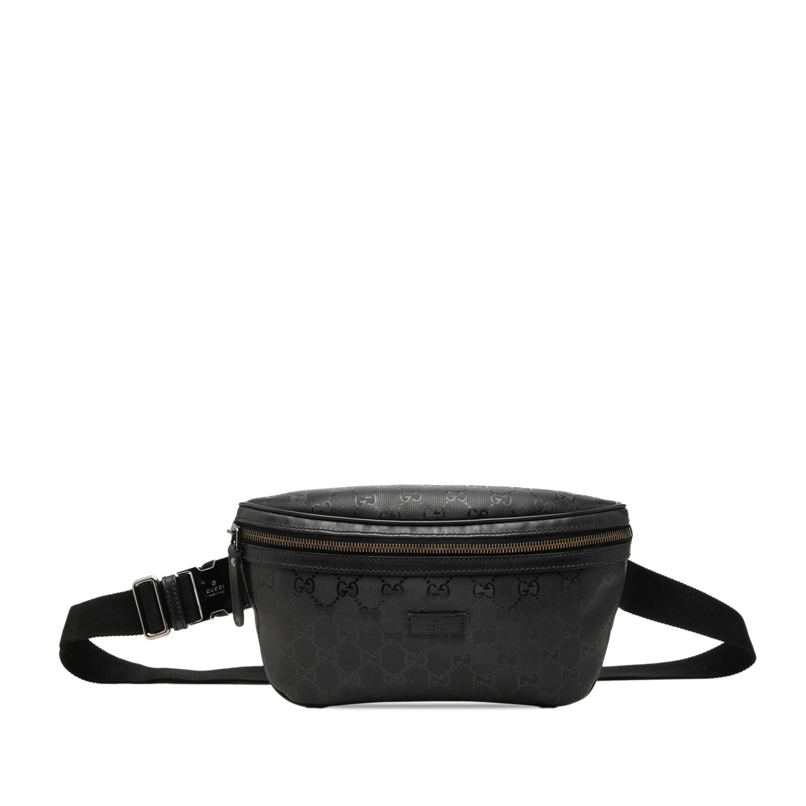 Gucci GG Imprime Black Fabric Waist Bag: Gucci GG Imprime Black Fabric Waist Bag Gucci GG Imprime belt bag in black with a coated canvas body, adjustable flat canvas belt strap, front zip closure, and an interior slip pocket. Made in Italy. 