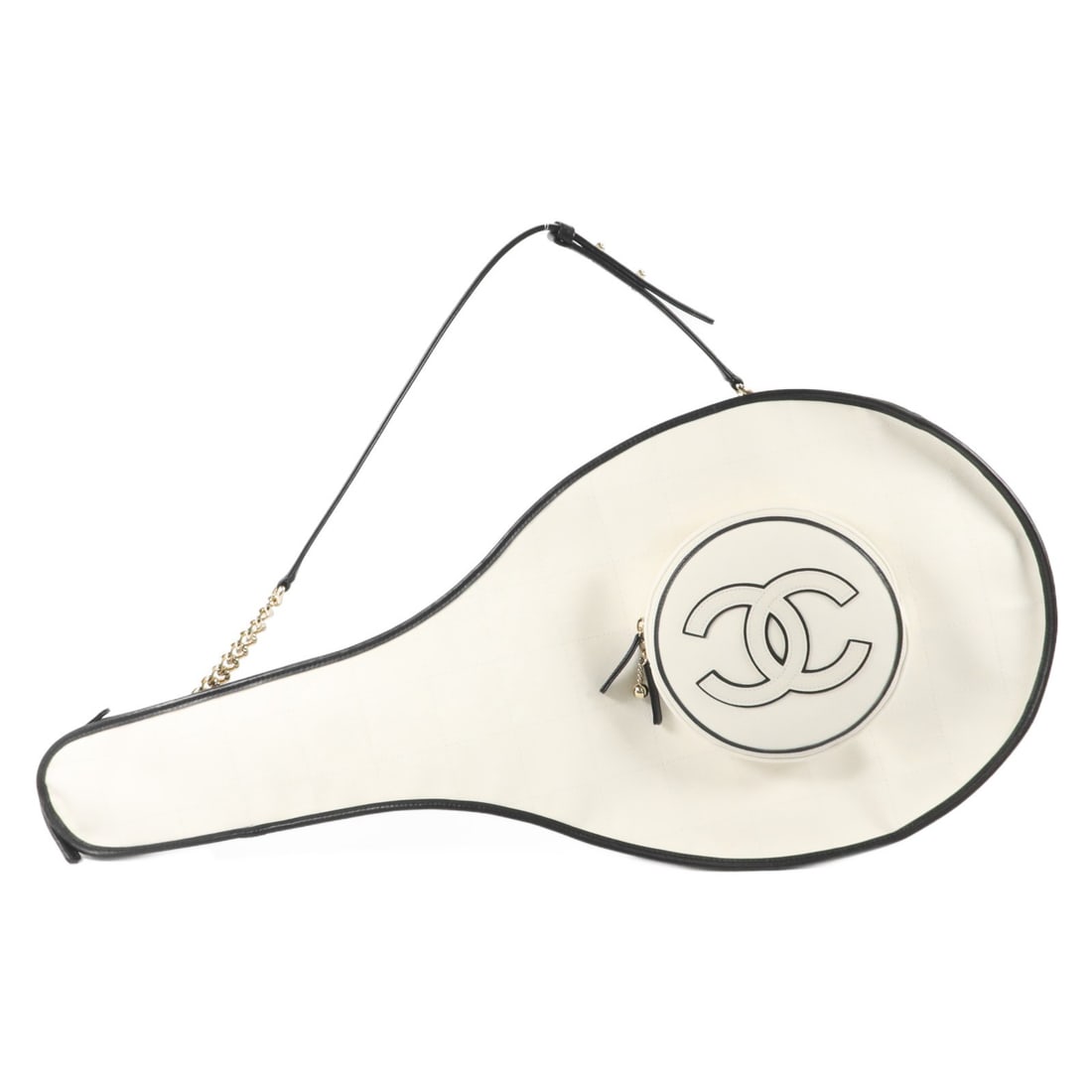 CHANEL 23C CC Tennis Racket Bag White Canvas GHW: CHANEL 23C CC Tennis Racket Bag White Canvas GHW CHANEL CC GHW 23C tennis racket bag in white canvas. This unisex regular-size bag is made in France and features a white exterior and frame color. It i