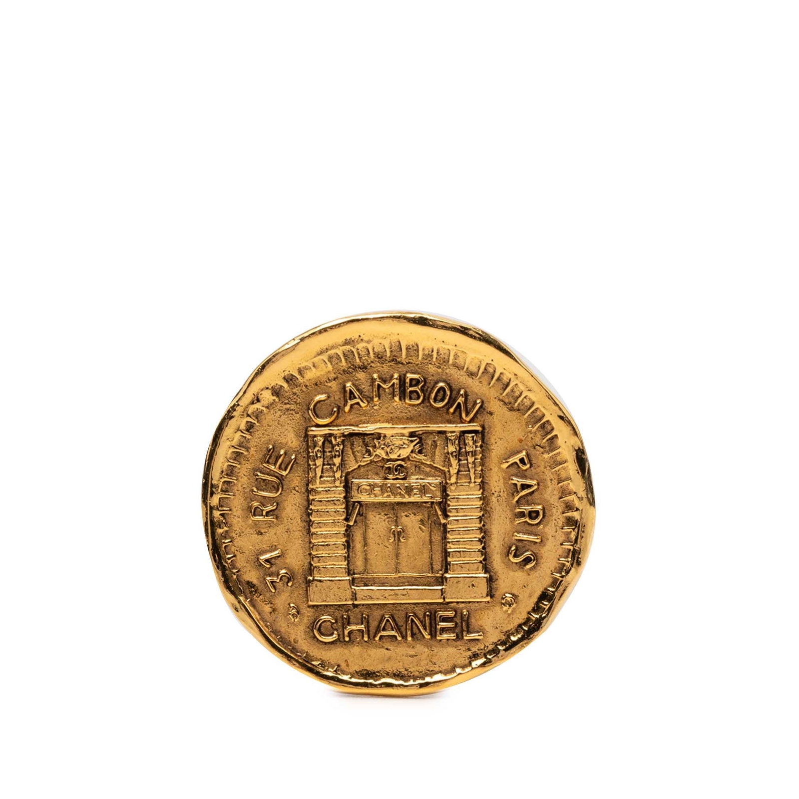 Chanel 31 Rue Cambon Gold Tone Medallion Brooch Pin: Chanel 31 Rue Cambon Gold Tone Medallion Brooch Pin Chanel 31 Rue Cambon medallion pin brooch in gold tone metal with a back pin closure. Made in France, this costume jewelry piece includes the box. C