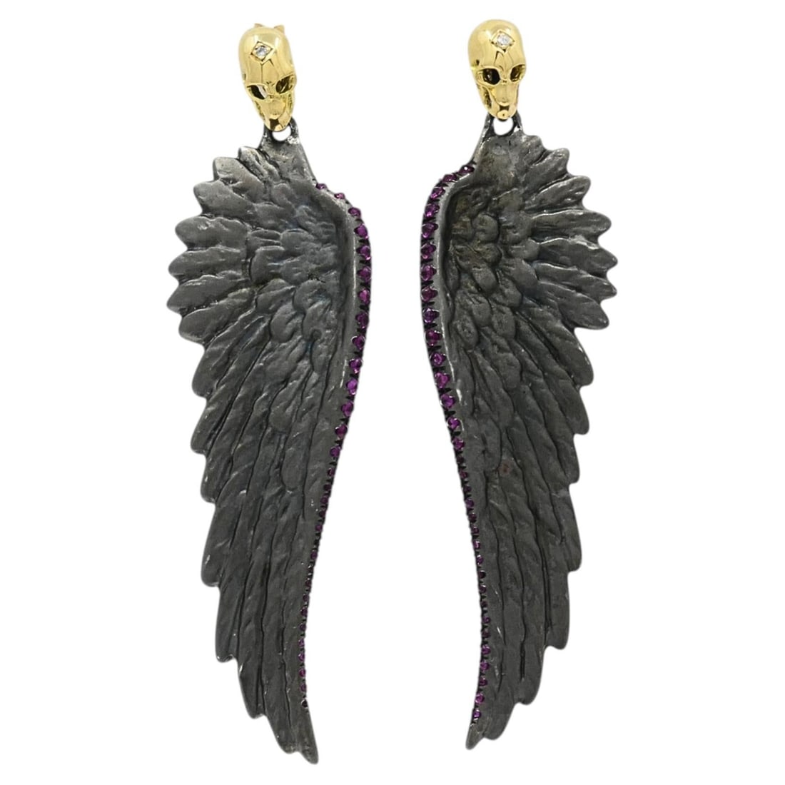 Theodoros skull wing earrings in 18k gold sterling silver ruby diamond pair (1 of 12)