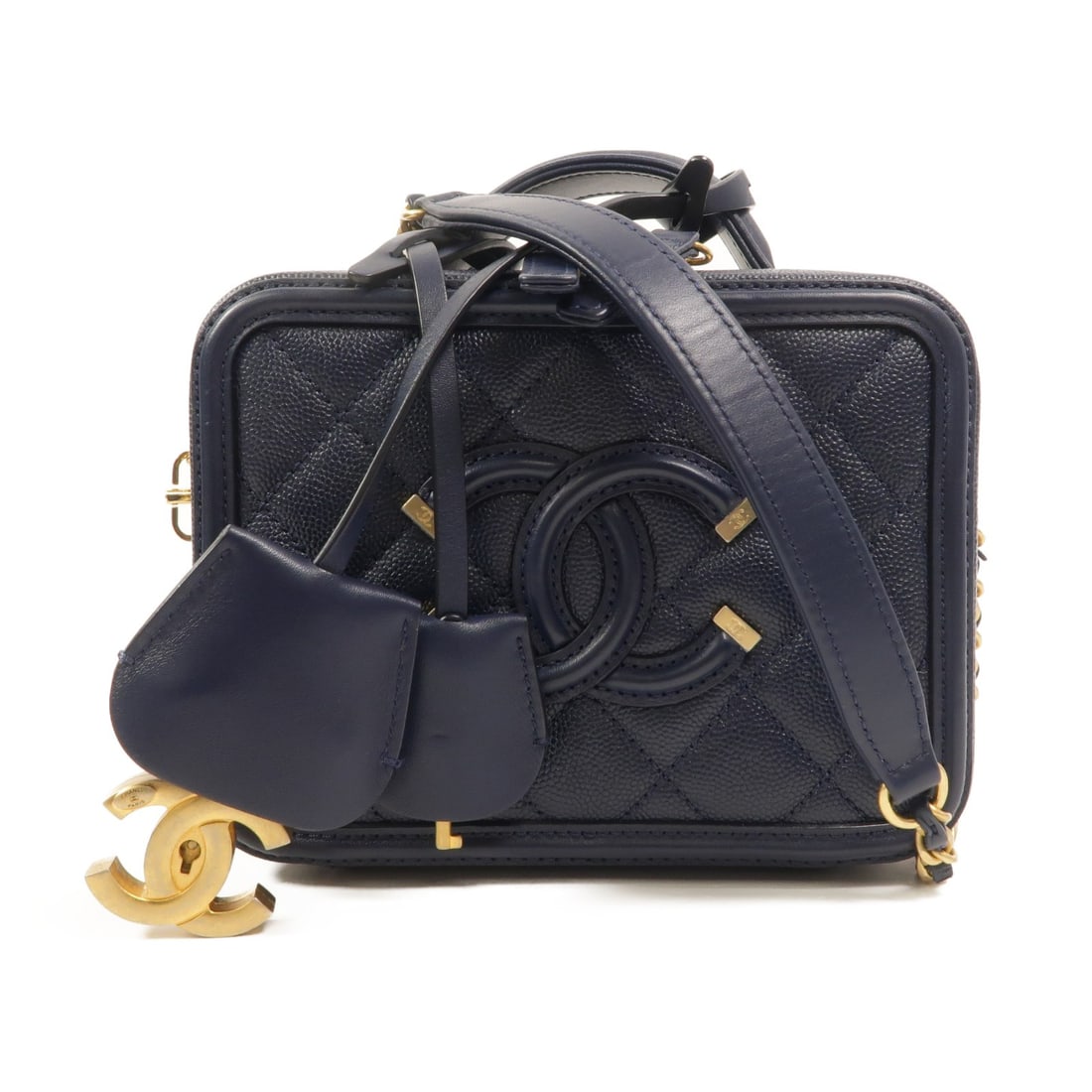 CHANEL Filigree CC Vanity Case 2Way Shoulder Bag Navy Calfskin: CHANEL Filigree CC Vanity Case 2Way Shoulder Bag Navy Calfskin CHANEL Filigree Vanity Case 2-way chain shoulder bag in navy calfskin leather. This women's bag features the CC design and includes a cha