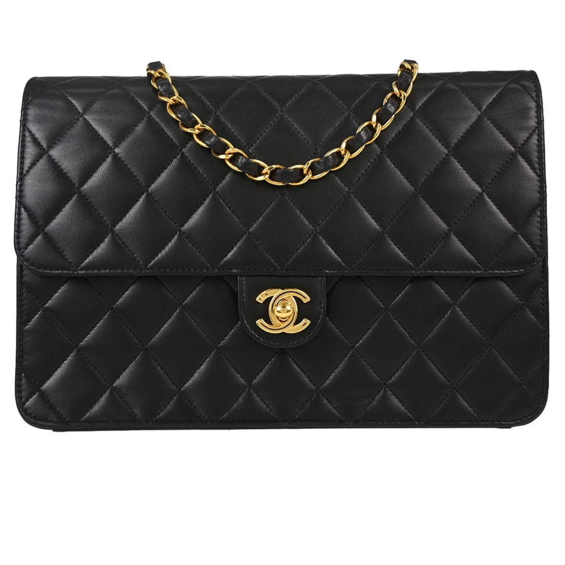 CHANEL Classic Single Flap Medium Black Lambskin Shoulder Bag: CHANEL Classic Single Flap Medium Black Lambskin Shoulder Bag Chanel Classic Single Flap shoulder bag in black lambskin leather with a turn lock closure and crossbody strap. This medium bag is made in