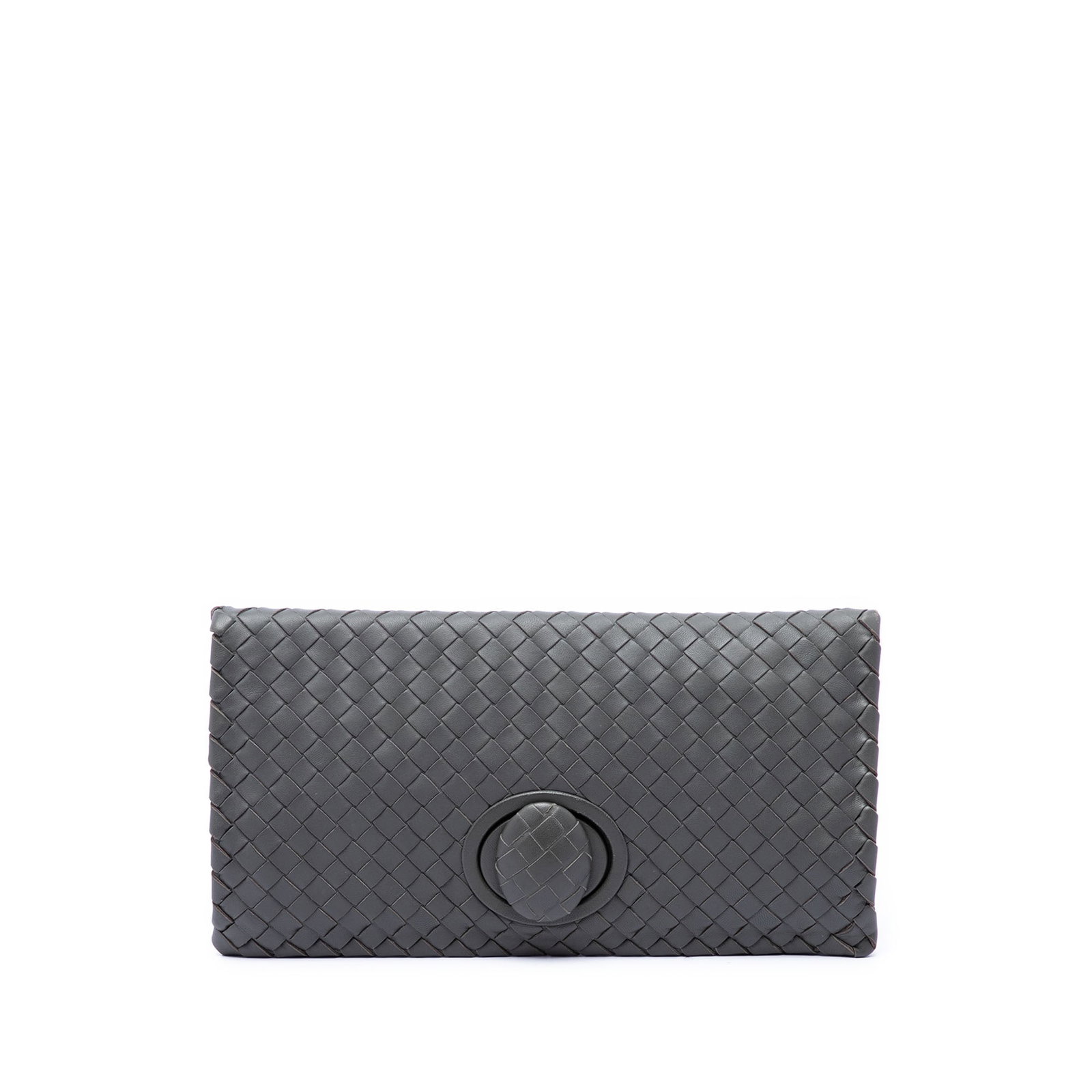 Gray Leather Clutch Bottega Veneta Nappa Intrecciato Turn Lock: Gray Leather Clutch Bottega Veneta Nappa Intrecciato Turn Lock Bottega Veneta clutch crafted in woven nappa leather with a front flap and turn lock closure. The interior includes a zip compartment for