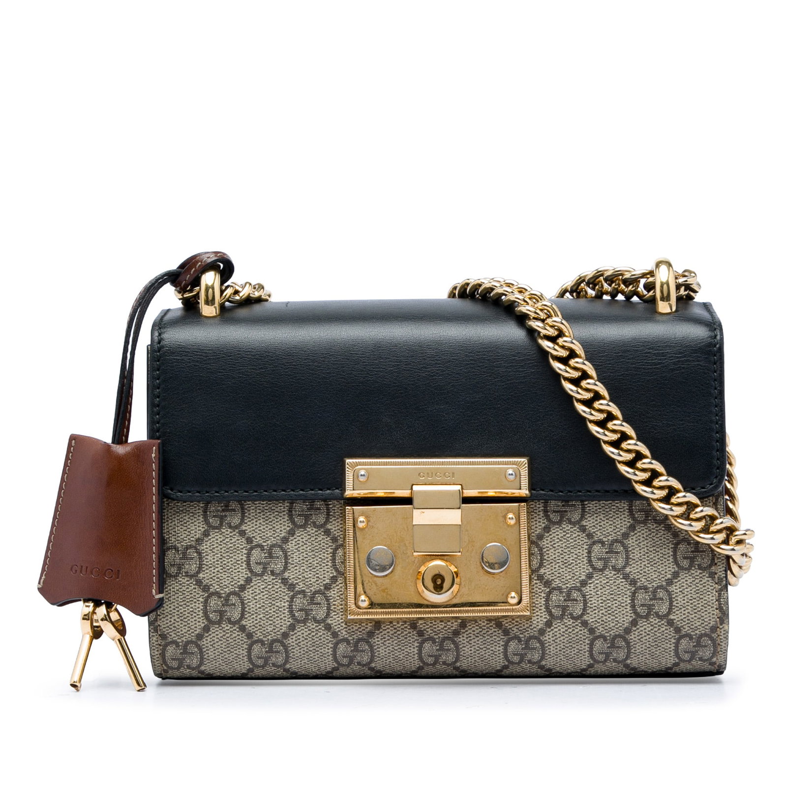 Gucci Padlock Small GG Supreme Crossbody Bag Beige: Gucci Padlock Small GG Supreme Crossbody Bag Beige Gucci Small GG Supreme Padlock Crossbody bag crafted with a coated canvas body and chain link strap. The design features a front flap with an S-lock 