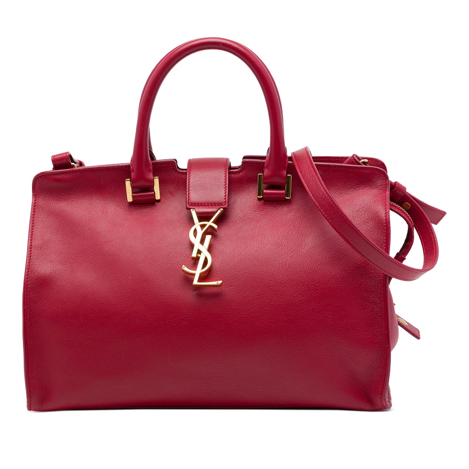 Saint Laurent Downtown Cabas Small Red Leather Monogram Satchel: Saint Laurent Downtown Cabas Small Red Leather Monogram Satchel Saint Laurent Small Leather Monogram Downtown Cabas satchel in red leather with rolled handles, a detachable flat leather strap, top str