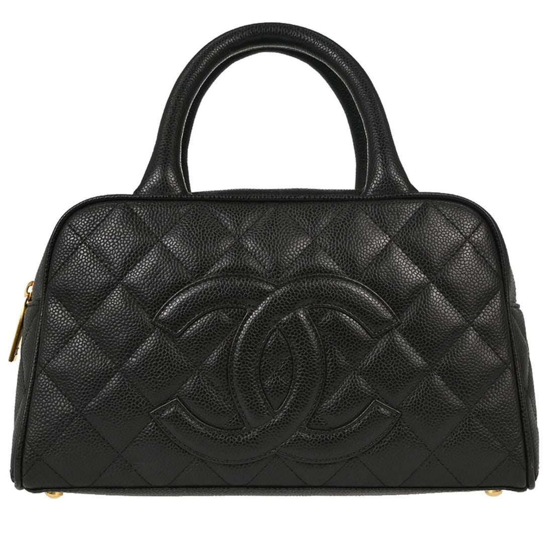 CHANEL Caviar Bowling Bag Black Calfskin Leather Top Handle: CHANEL Caviar Bowling Bag Black Calfskin Leather Top Handle Chanel Bowling Bag 27 in black caviar skin leather with double handles, zip closure, logo accent, and inner storage pockets. The bag is made