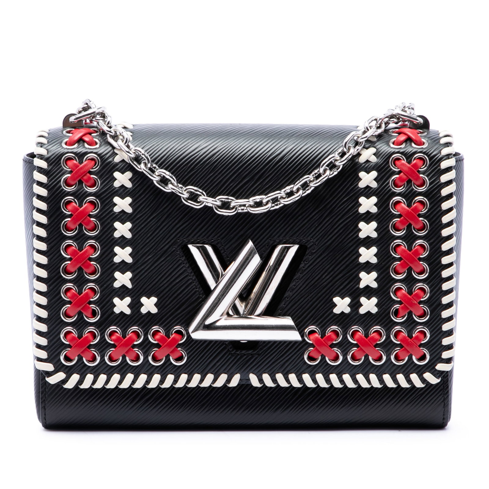 Louis Vuitton Twist MM Epi Leather Shoulder Bag Tricolor Embroidered: Louis Vuitton Twist MM Epi Leather Shoulder Bag Tricolor Embroidered Louis Vuitton Twist MM shoulder bag crafted in black embroidered Epi leather. This bag features a chain link strap with a leather g