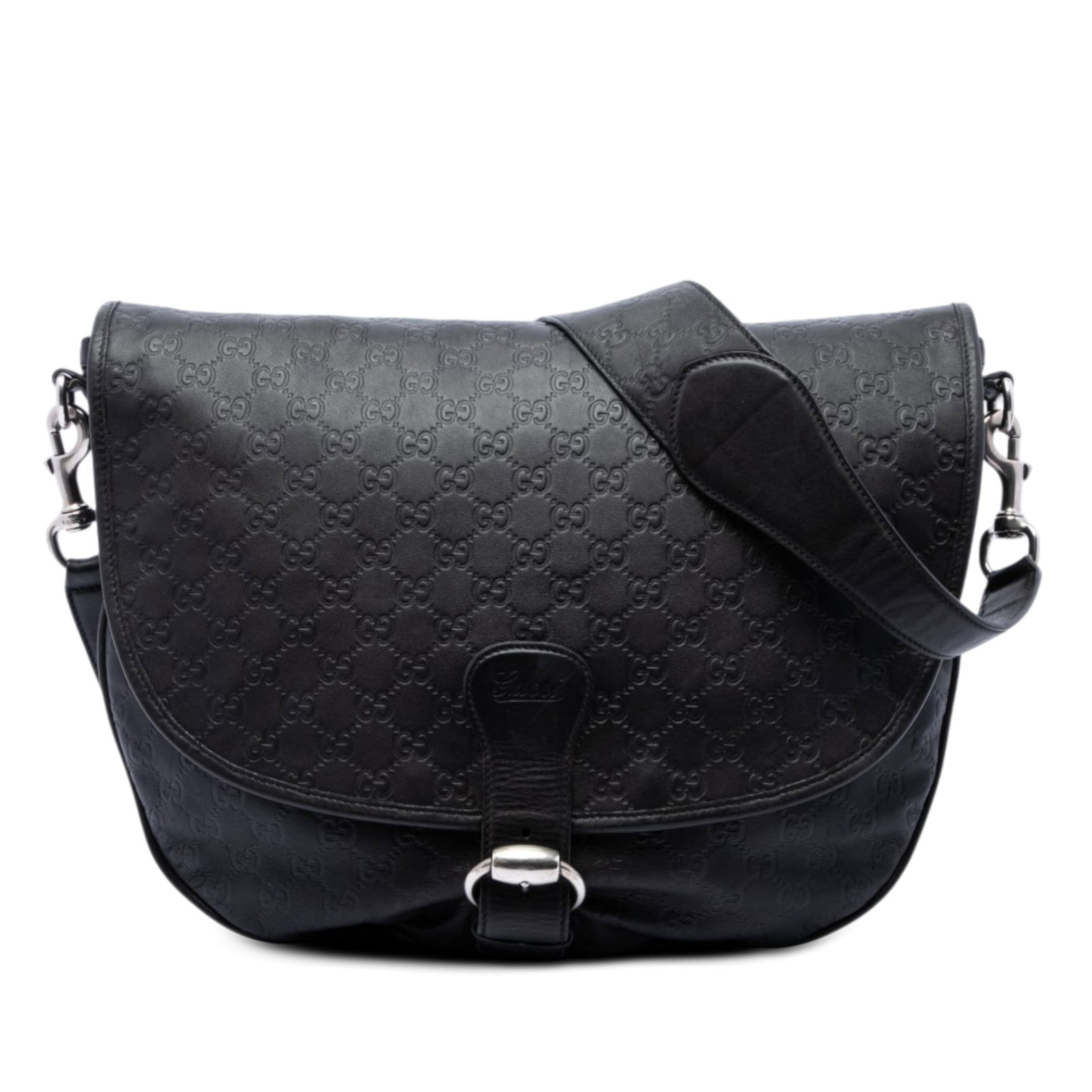 Gucci Guccissima leather crossbody messenger bag with flap: Gucci Guccissima leather crossbody messenger bag with flap Black leather Guccissima flap messenger bag with an embossed leather body, an adjustable flat leather shoulder strap, a flap with buckle clos