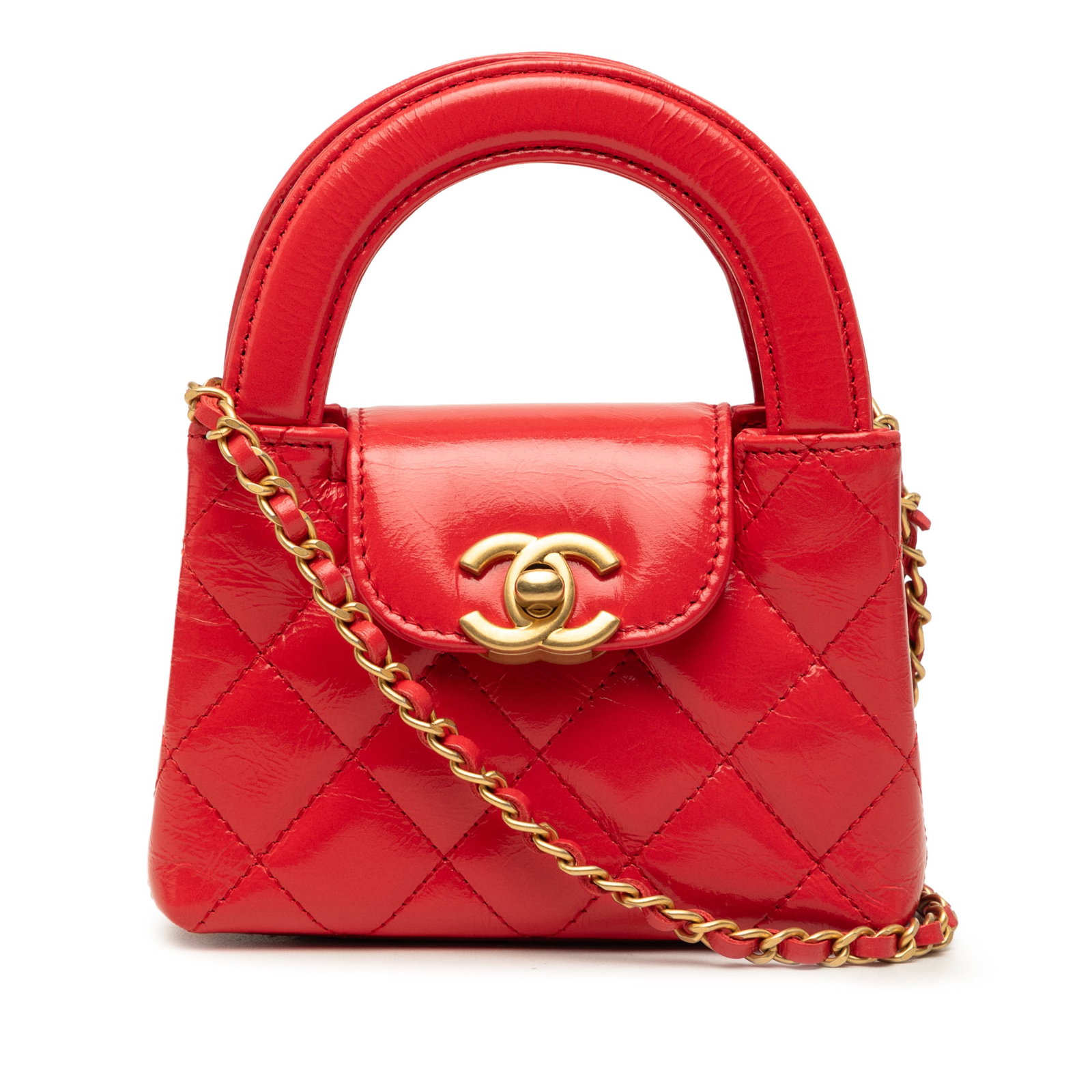 Chanel Kelly Shopper Mini Nano red aged calfskin satchel: Chanel Kelly Shopper Mini Nano red aged calfskin satchel A compact Chanel Kelly Shopper bag crafted in shiny aged calfskin leather. This satchel features flat leather handles, a leather-woven chain li