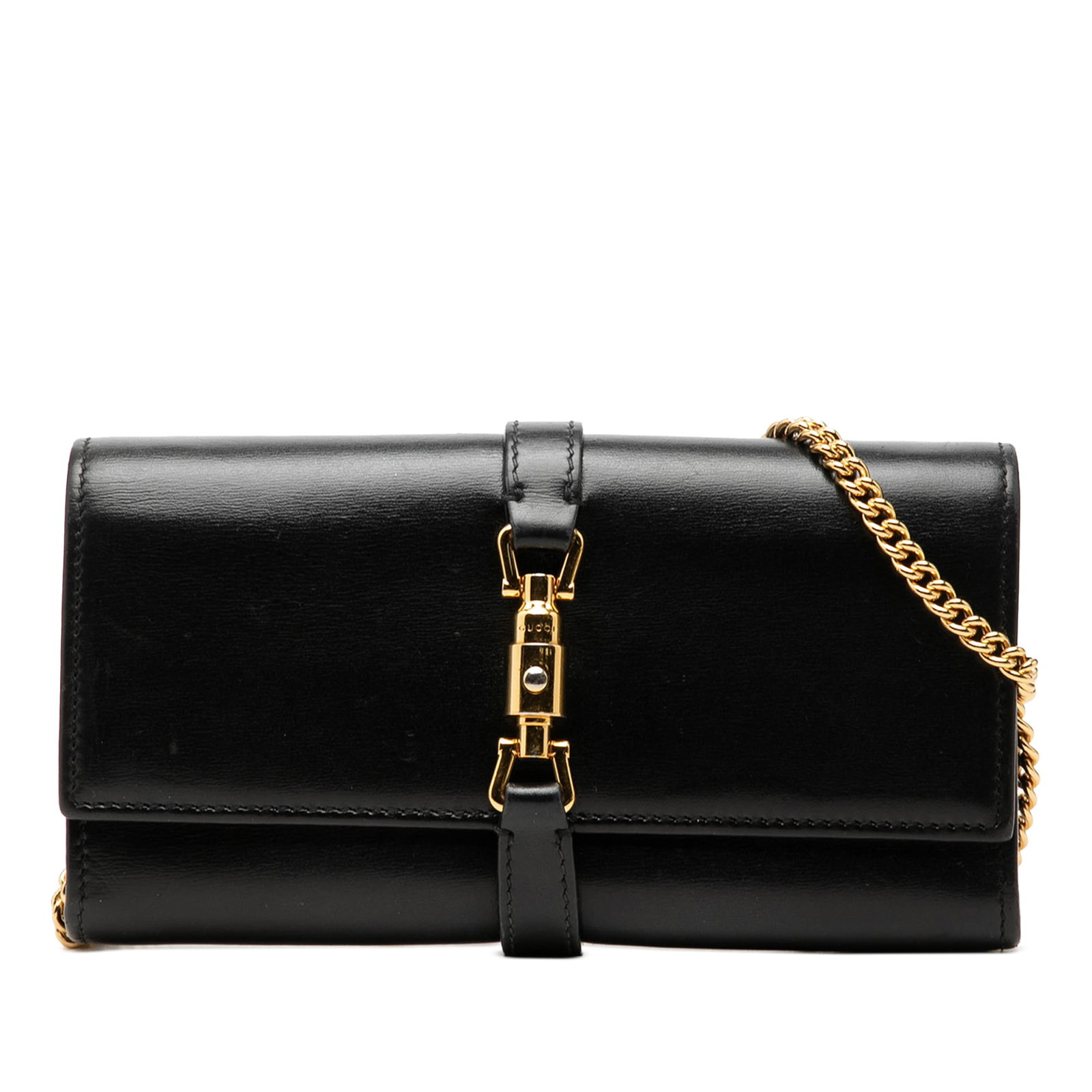 Gucci Jackie 1961 Calfskin Wallet on Chain Black Leather: Gucci Jackie 1961 Calfskin Wallet on Chain Black Leather Gucci Jackie 1961 wallet on chain in black calfskin leather with a chain link shoulder strap and flap front with piston lock closure. The inter