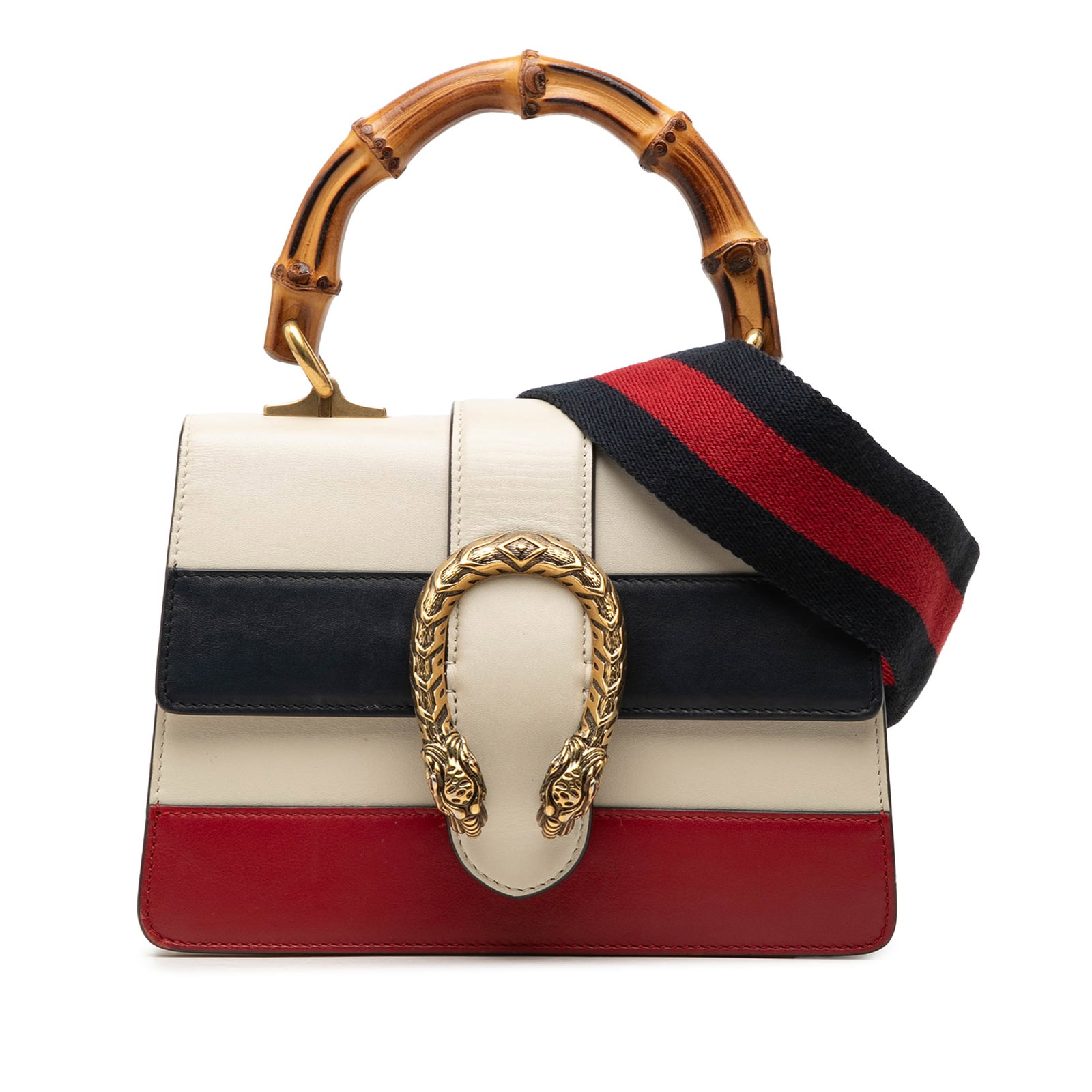 Gucci Dionysus Mini Bamboo Handle Leather Satchel Bag: Gucci Dionysus Mini Bamboo Handle Leather Satchel Bag A compact Gucci Dionysus satchel crafted in white calfskin leather with a bamboo top handle and signature web detailing. The bag features a detach