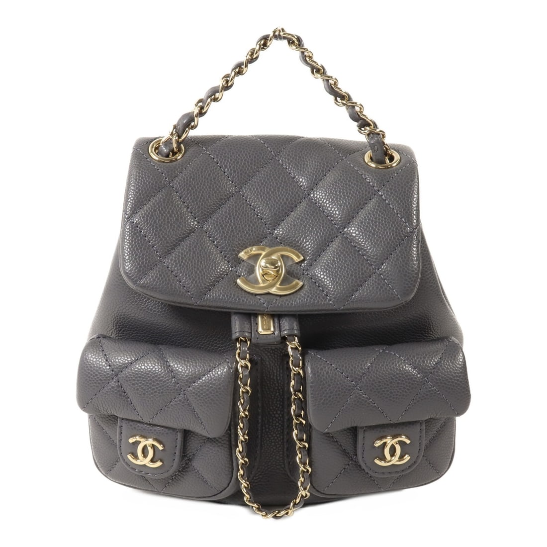 CHANEL AS3787 Duma Mini Backpack Gray Calfskin GHW: CHANEL AS3787 Duma Mini Backpack Gray Calfskin GHW Chanel Duma Mini chain backpack in gray calfskin leather with CC turn-lock closure and chain shoulder straps. This women's rucksack backpack is made 