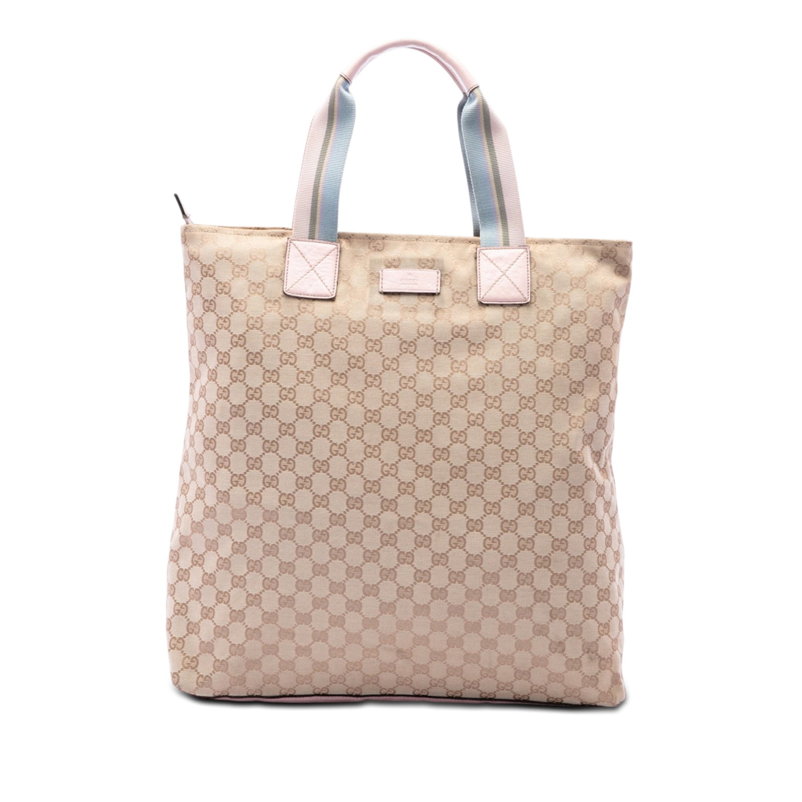 Gucci GG Canvas Web Tote Bag with Leather Trim: Gucci GG Canvas Web Tote Bag with Leather Trim Gucci GG Canvas Web Vertical Tote in beige fabric with leather trim and flat leather handles accented by web strap details. The bag features a top zip cl