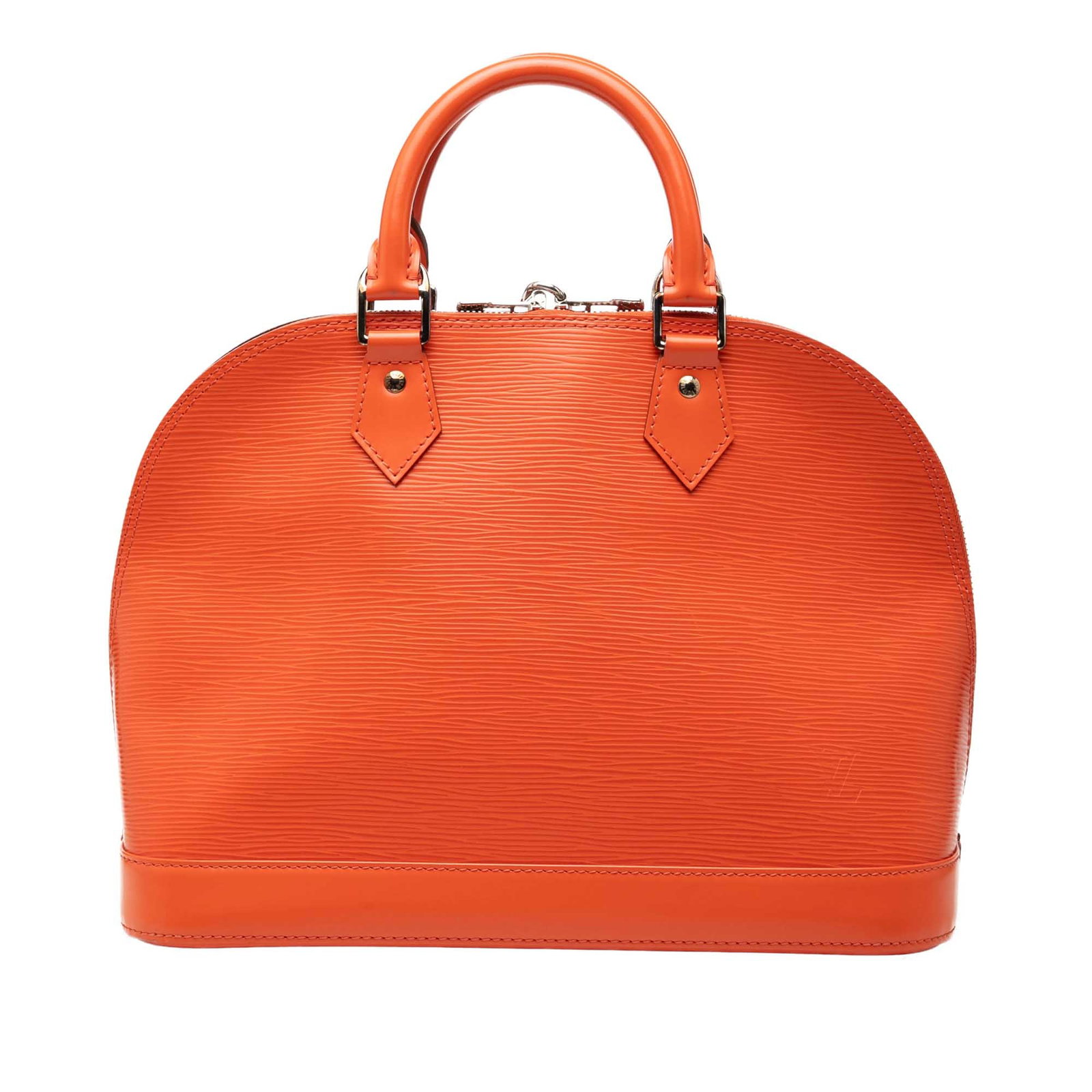 Louis Vuitton Epi Alma PM Orange Leather Handbag: Louis Vuitton Epi Alma PM Orange Leather Handbag A structured Louis Vuitton Alma PM handbag crafted in orange Epi leather. This bag features rolled leather handles, a top zip closure, and an interior 