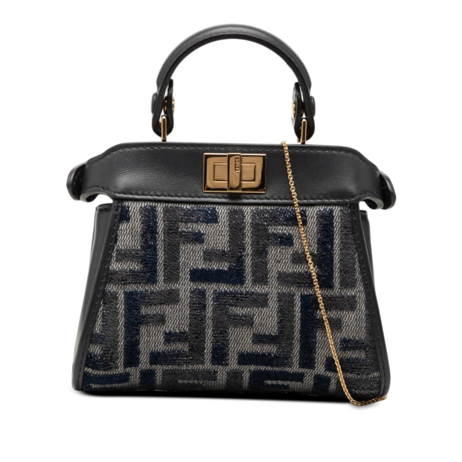 Fendi Nano Zucca Peekaboo Chenille Satchel Gray: Fendi Nano Zucca Peekaboo Chenille Satchel Gray Compact and distinctive, this Fendi Nano Zucca Chenille Peekaboo Satchel is crafted with a chenille body and leather trim. It features a flat leather ha