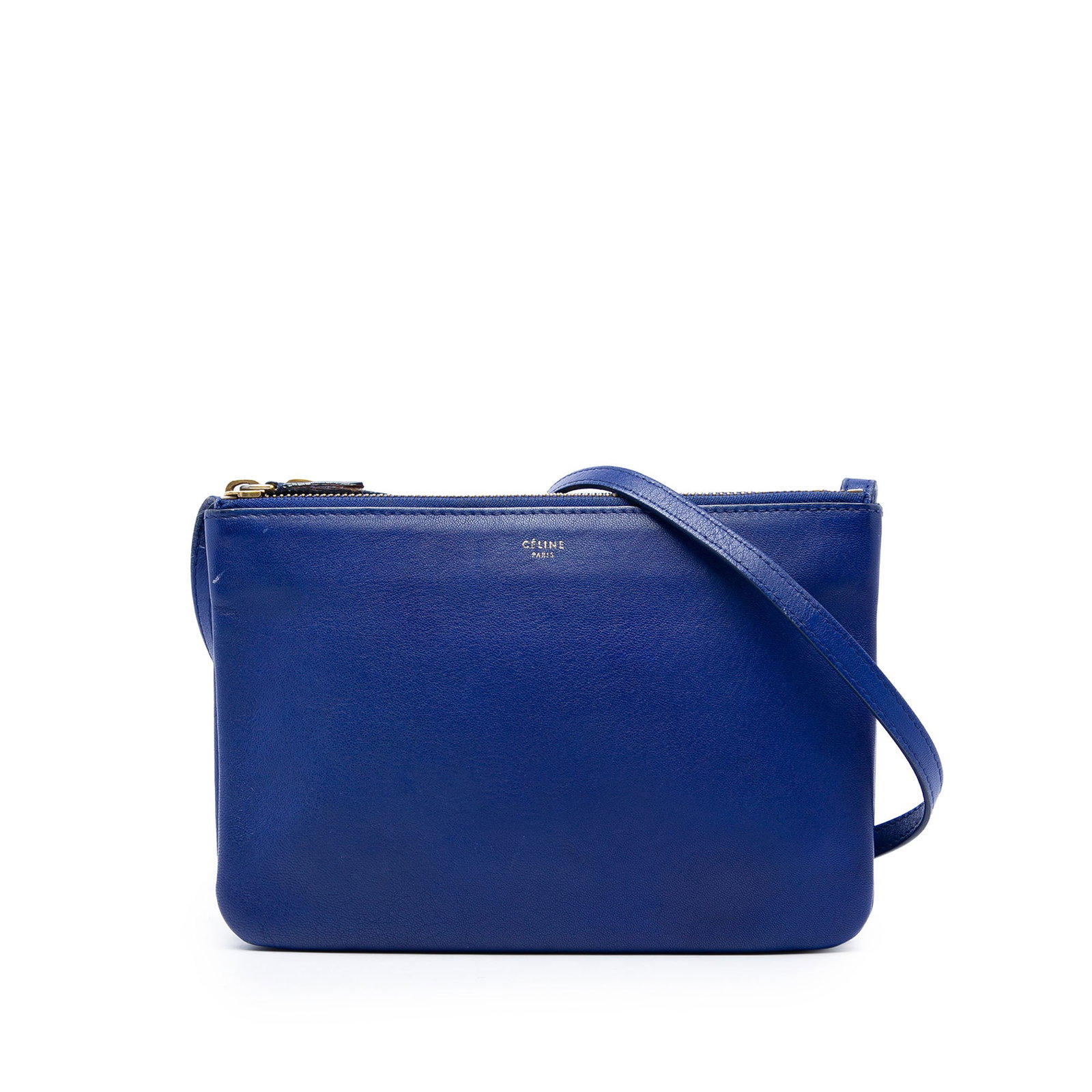 Celine Trio Small Lambskin Leather Crossbody Bag Blue: Celine Trio Small Lambskin Leather Crossbody Bag Blue A Celine Small Trio crossbody bag crafted in blue lambskin leather. This compact design features an adjustable flat leather shoulder strap and thr